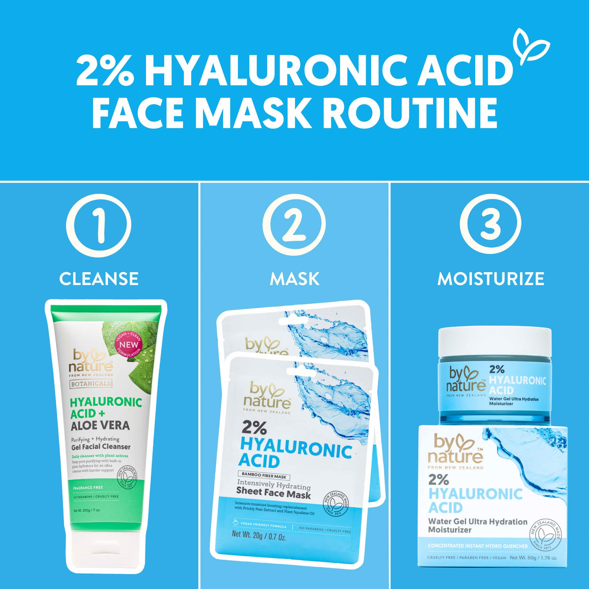 By Nature 2% Hyaluronic Acid Sheet Face Mask for Dry, Dehydrated & Sensitive Skin – Hydration Boost with Prickly Pear & Squalane – Made in New Zealand – Pack of 12