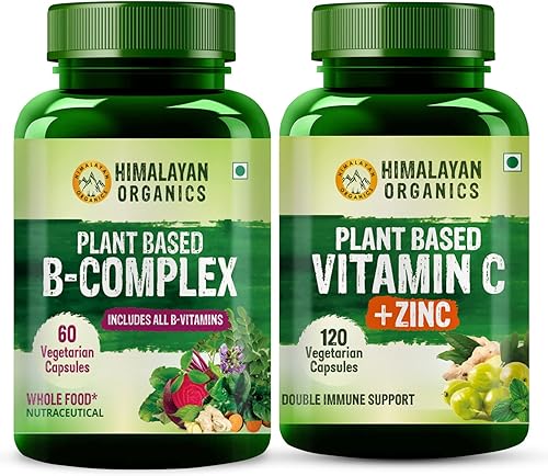 Organics - Paquete combinado de vitaminas del complejo B a base de plantas (60 cápsulas vegetales) y vitamina C a base de plantas con zinc (120