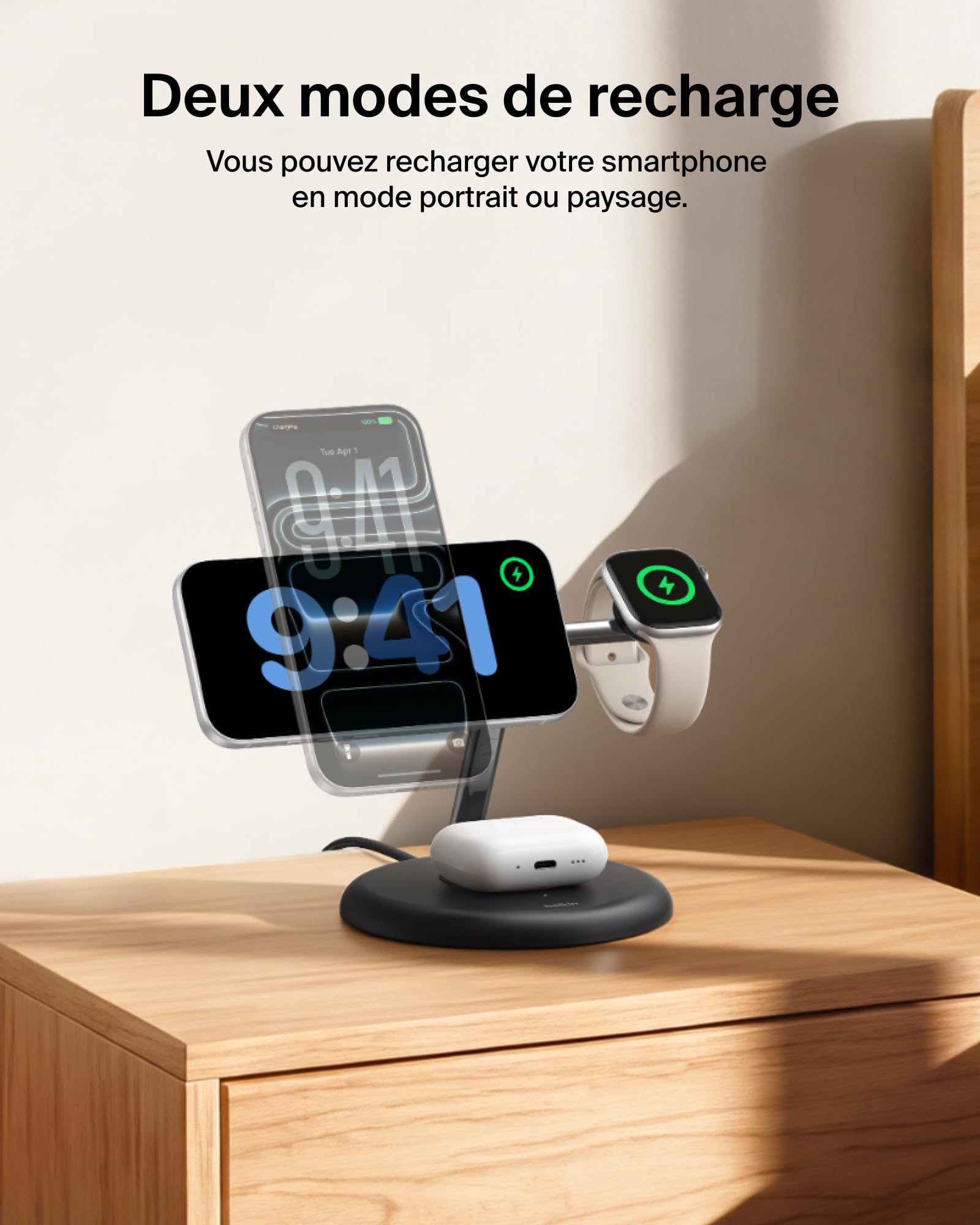 Belkin UltraCharge Station sans Fil 3-en-1 avec Qi2, 25 W - Noir | Qi2.2, Chargeur Magnétique Sans Fil MagSafe Pour iPhone, Apple Watch, Écouteurs, Câble USB-C, Adaptateur Secteur 45 W