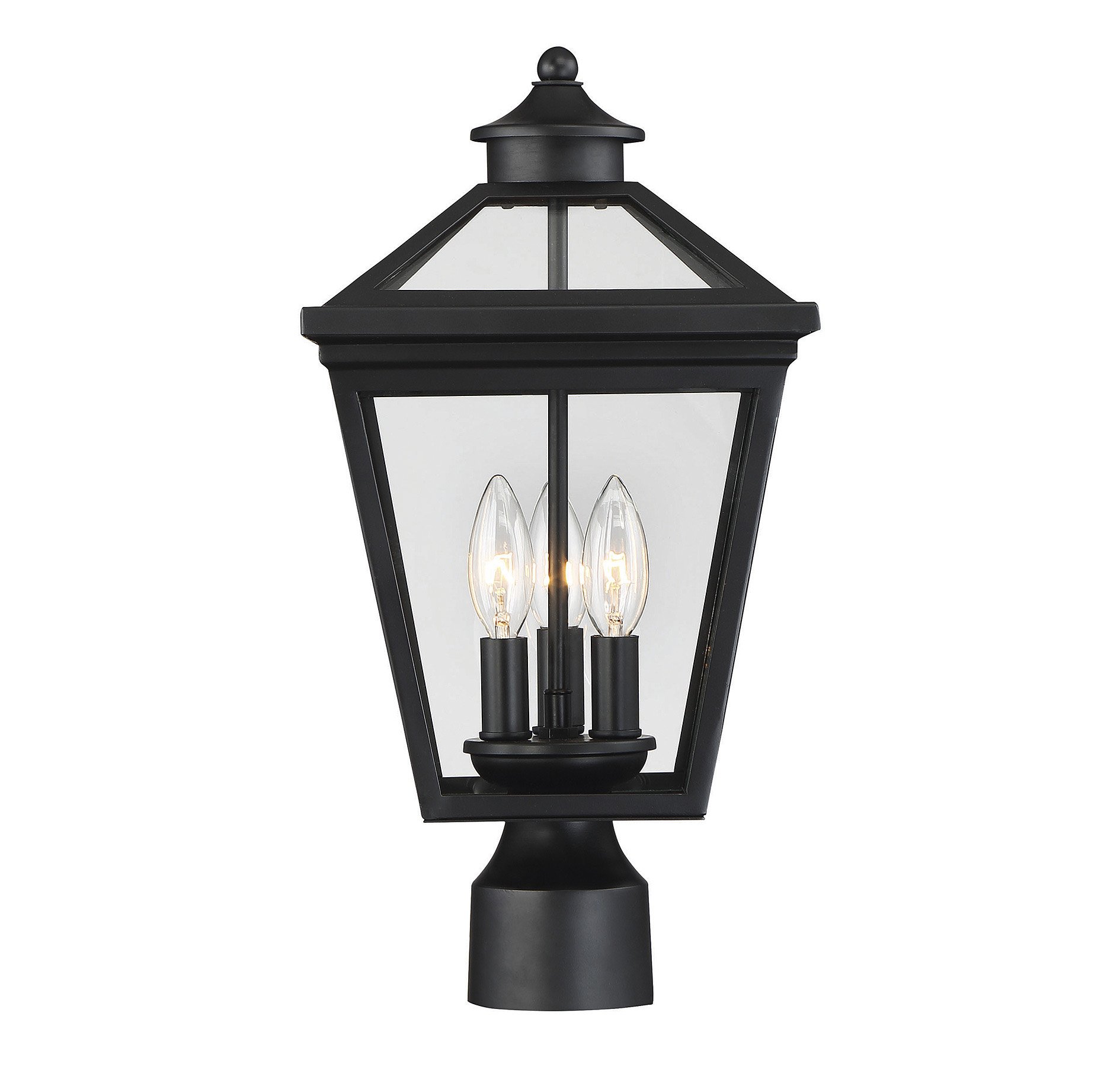 Savoy House Ellijay 3-Light Post Lantern, Model 5-147-BK, in black finish with clear glass panels.