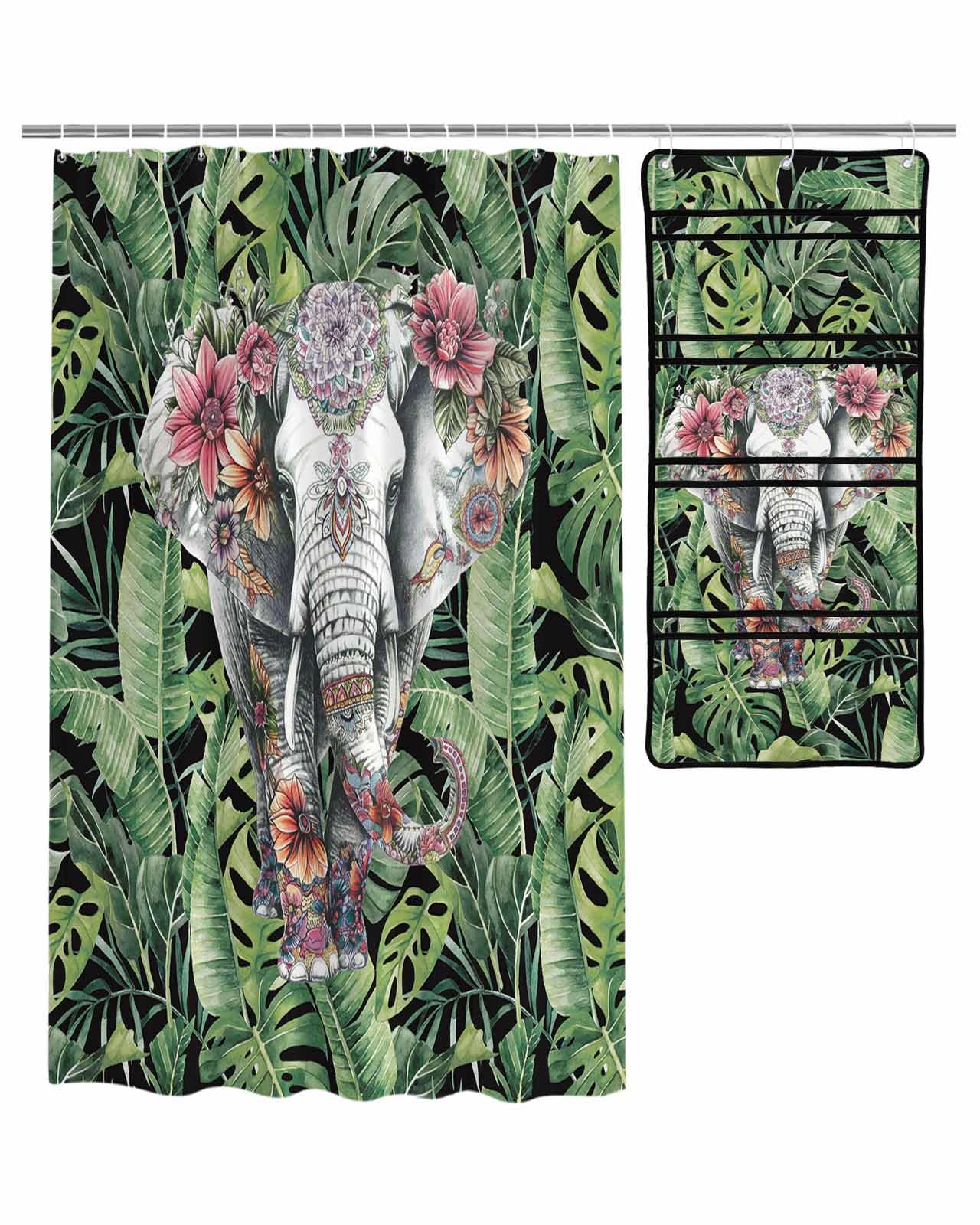 ZFUNCING Shower Curtain Mesh Shower Organizer Set Summer Flower Elephant Palm Leaf Waterproof Bath Curtains Hanging Shower Caddy