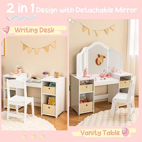 Miniatura 32 de Costzon Vanity - Tocador de maquillaje de princesa 2 en 1 con parte superior desmontable, tocador para niños pequeños con espejo triple y estantes