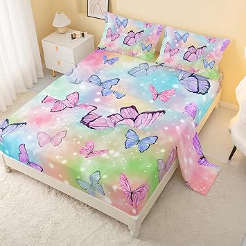 CVHouse Rainbow Butterfly Bed Sheets Set - Twin Size, 1 Flat & 1 Fitted Sheet with 2 Pillow Cases - 4 Pieces