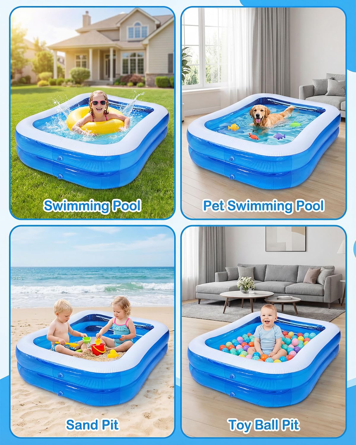 Piscine familiale gonflable pour enfants et adultes, pataugeoire en PVC épais avec drainage rapide, piscine de jardin résistante aux fuites pour intérieur et extérieur, 200 x 150 x 50 cm