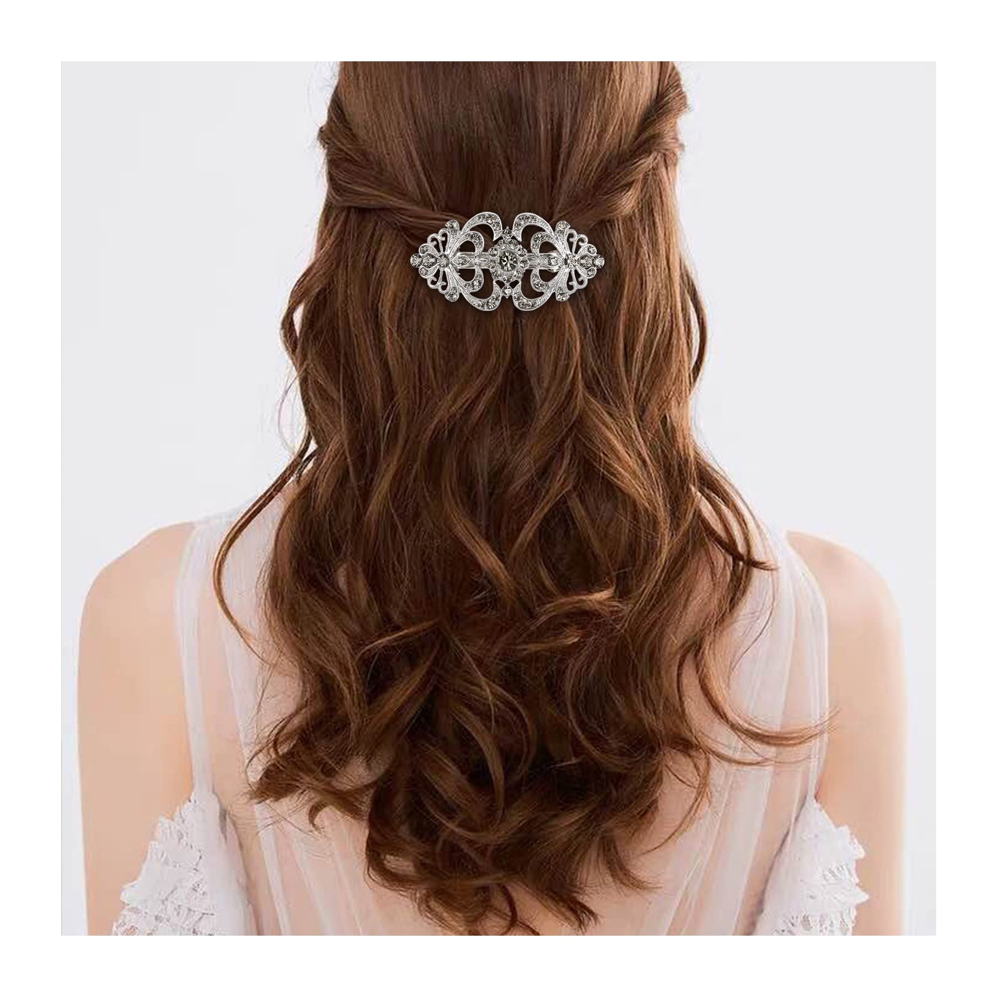 EVER FAITH Party Austrian Crystal Barrette Clip, Victorian Inspired Art Deco Two Heart Hair Accessories for Women Grey Silver-Tone