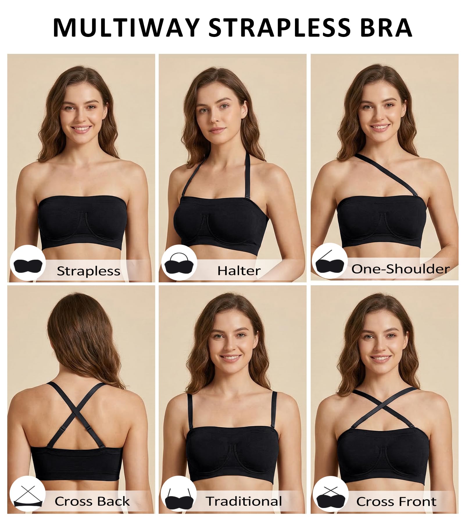 Lemorosy Damen Trägerloser BH mit Bügel Große Brüste Starker Halt Breiter Rücken Ausreichend Stützen Ungepolstert Nahtloser Multiway Bandeau Bequem Verschiedene Anlässe