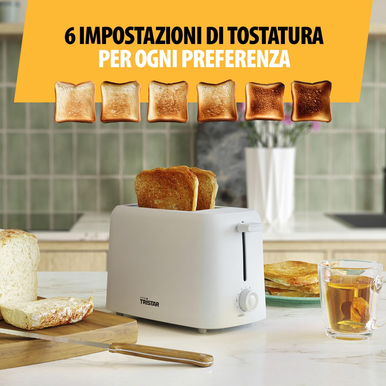 Tristar Tostapane, 2 Fessure, 650W, 6 Livelli di Doratura, Funzioni Scongelamento, Riscaldamento e Annullamento, Spegnimento Automatico, Vassoio Briciole, Scalda Panini, BR-1061