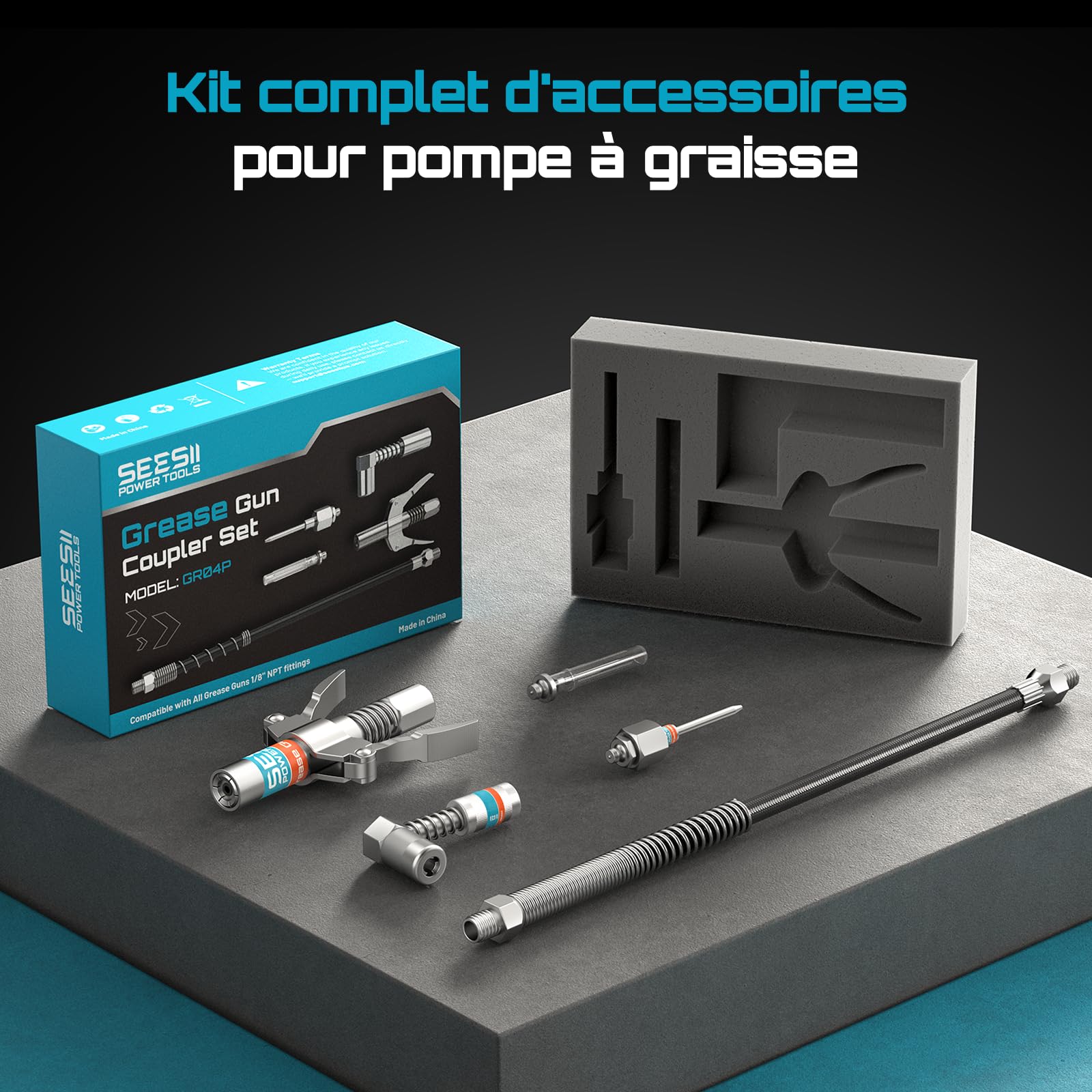Seesii Kit d'accessoires pour Pompe a Graisse, Comprenant Un raccord Rapide, Un Adaptateur à 90°, Un Tuyau Flexible de 30 cm et 2 Embouts pour graissage Facile dans Les espaces étroits et Profonds