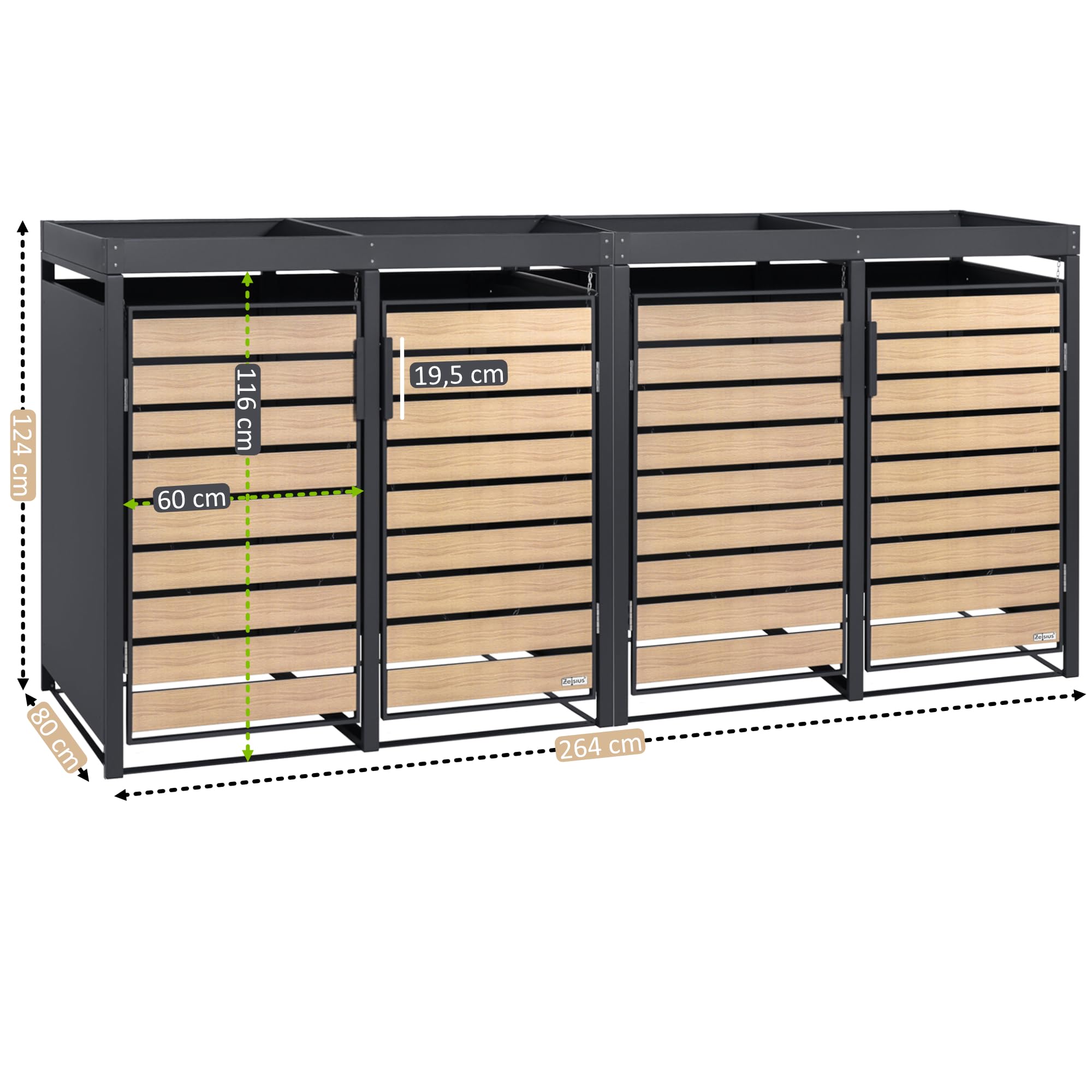 Zelsius Mülltonnenbox 4er mit Pflanzdach für 4 Tonnen | 120-240 Liter | Anthrazit RAL 7016 | Tür in Holzoptik inkl. Erweiterungsmöglichkeit | Müllbox, Aufbewahrungsbox für Mülltonnen