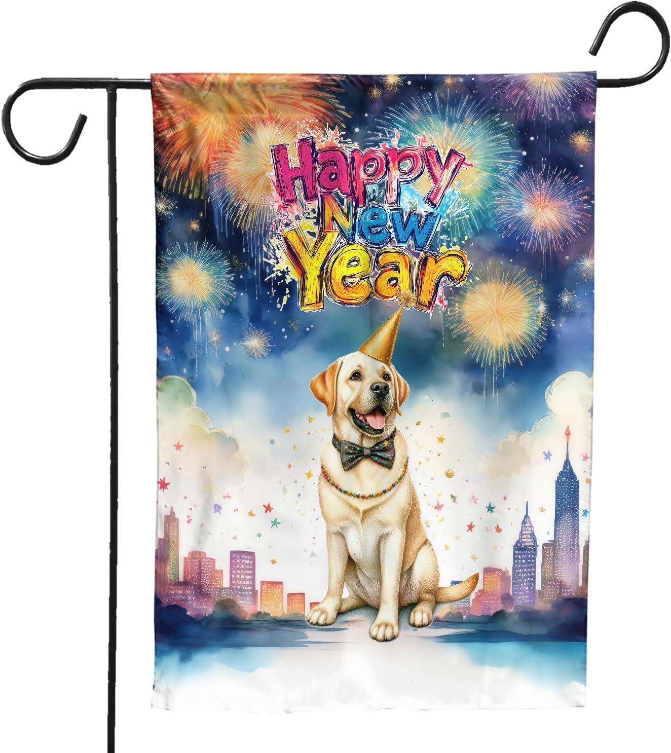 Happy New Year with Shetland Sheepdog Fireworks Holiday Xmas Winter 2025 House Flag 28x40in Double Sided Sheltie Dog Lover Gifts Outdoor Decor - 025