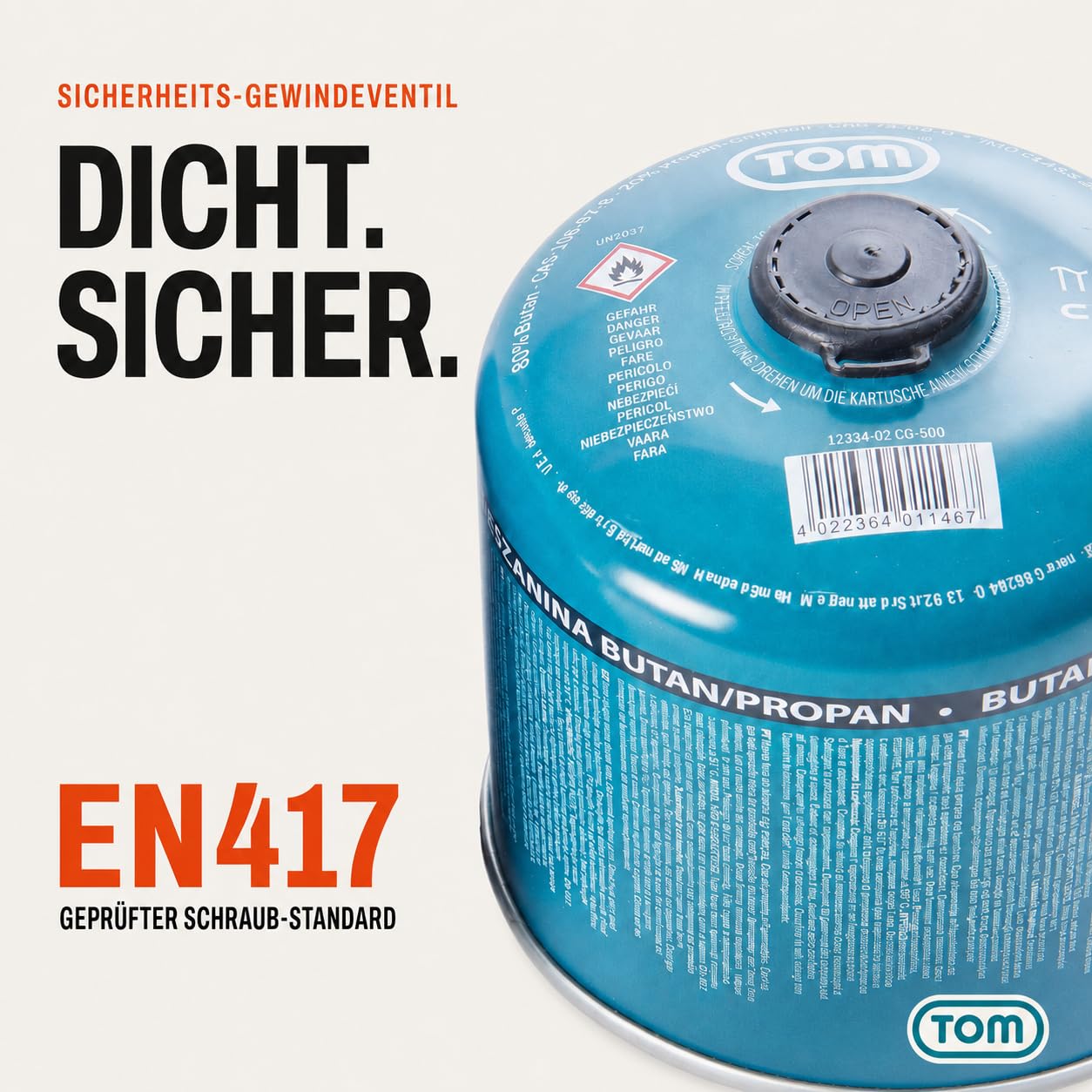 TOM Gaskartuschen 2 x, 4 x, 8 x oder 12 x 500 g Butan Propan Gas - Schraubkartusche Set – Kartuschen mit Sicherheits-Schraubgewinde – Butane Gas Kartusche ideal für Ihren Campingkocher (4 x 500g)
