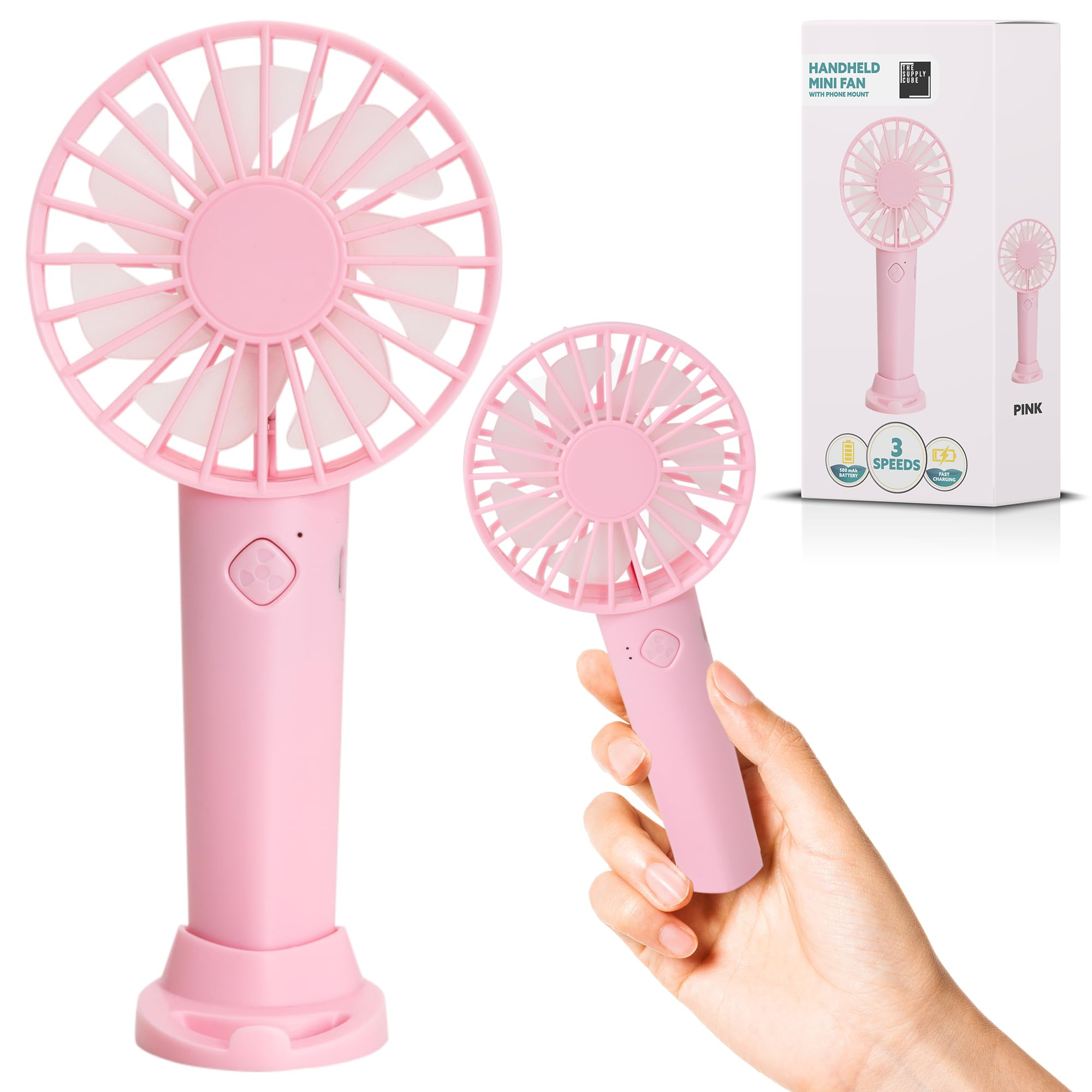 Supply Cube USB Rechargeable Handheld Fan with 3 Speed Settings – Portable Mini Fan for Home, Office, Desk & Outdoor Use – Perfect for Summer Cooling – Pink