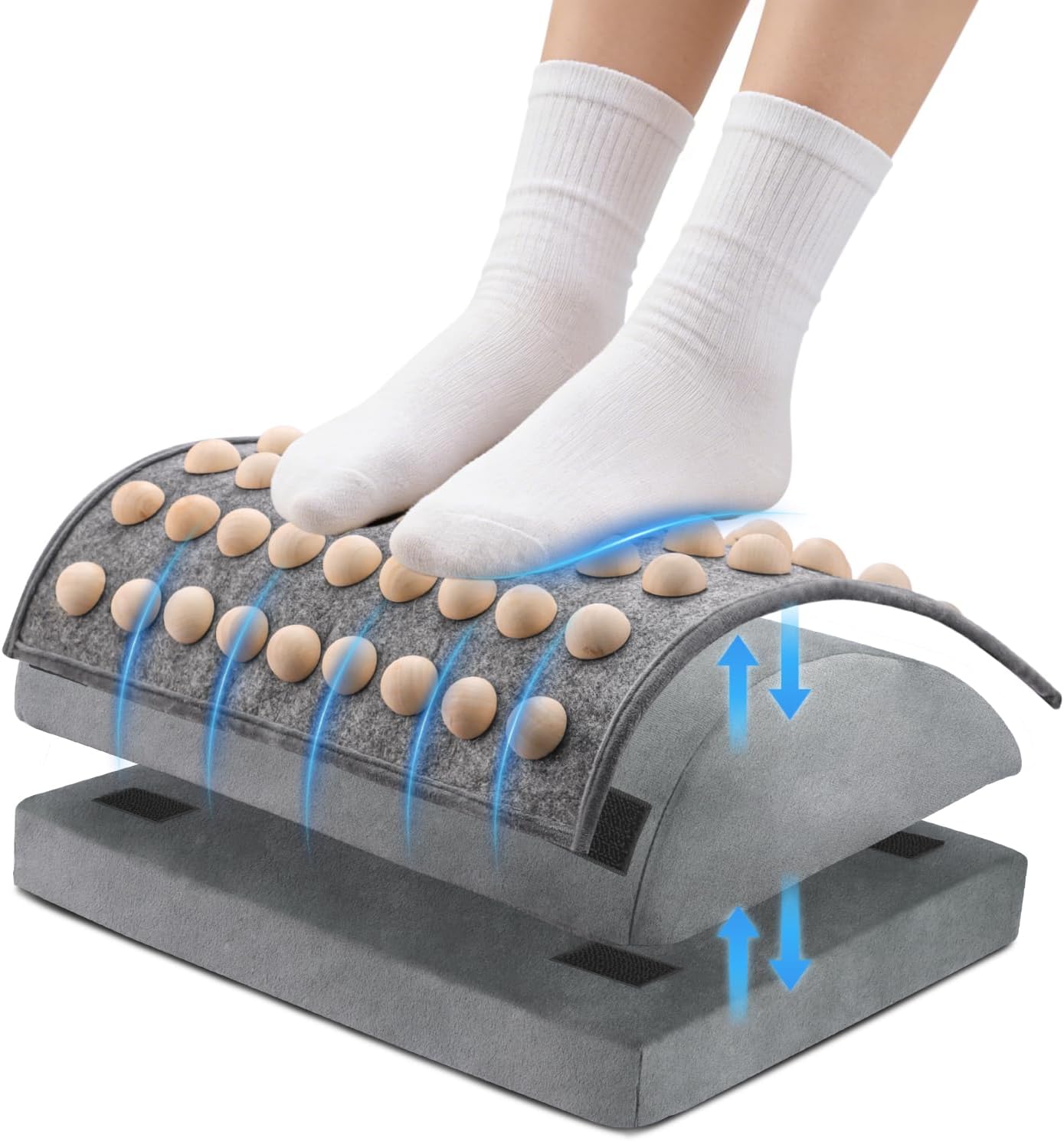 Foot Rest Under Desk at Work, Office Foot Tool Desk Accessories with Washable Cover, Home Spa Massage Wood Foot Acupressure Mat Top, Foam Footrest with 2 Adjustable Heights for Relax (Grey)