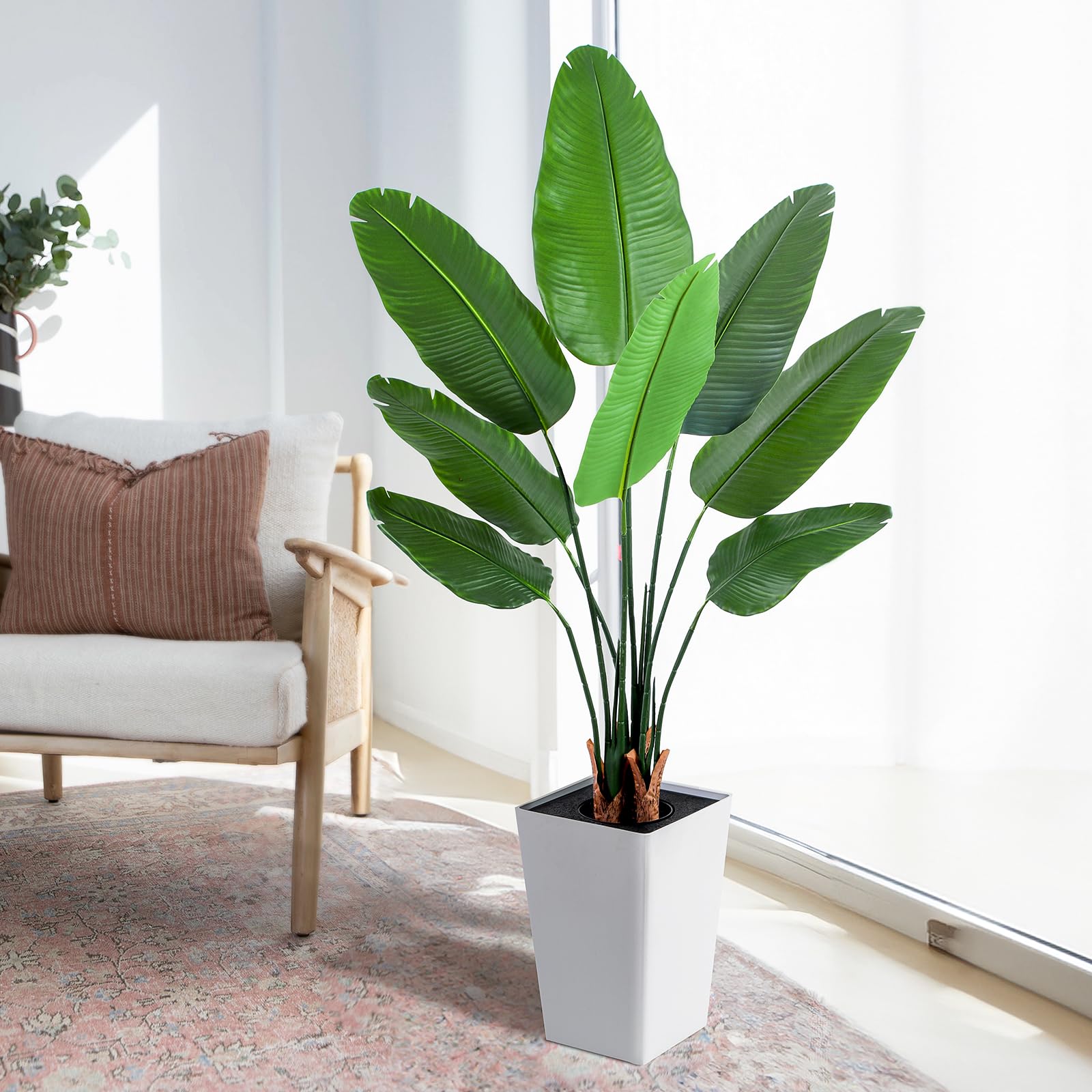 Artificial Bird of Paradise Plant with White Tall Planter, 5ft Tall Tropical Palm Tree Plants, Artificial Silk Trees for Home Office Floor Room Decor Plants Indoor Outdoor, Housewarming Gift