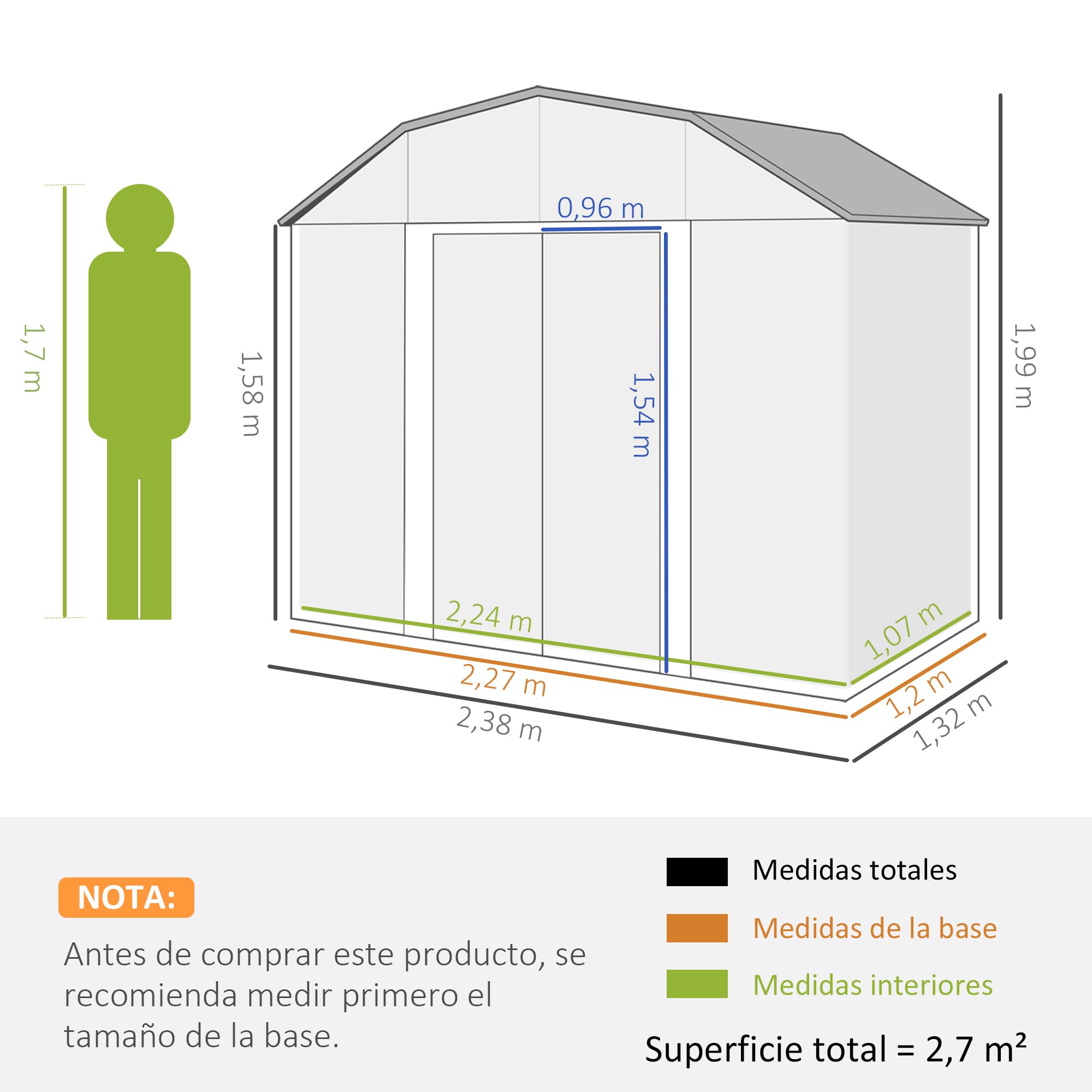 Outsunny Cobertizo de Jardín Exterior 2,7 m² 238x132x198,5 cm Caseta de Jardín para Exterior Metálica con Cerradura Base Estantes Ajustables 2 Ventanas y 2 Puertas Deslizantes Gris Oscuro