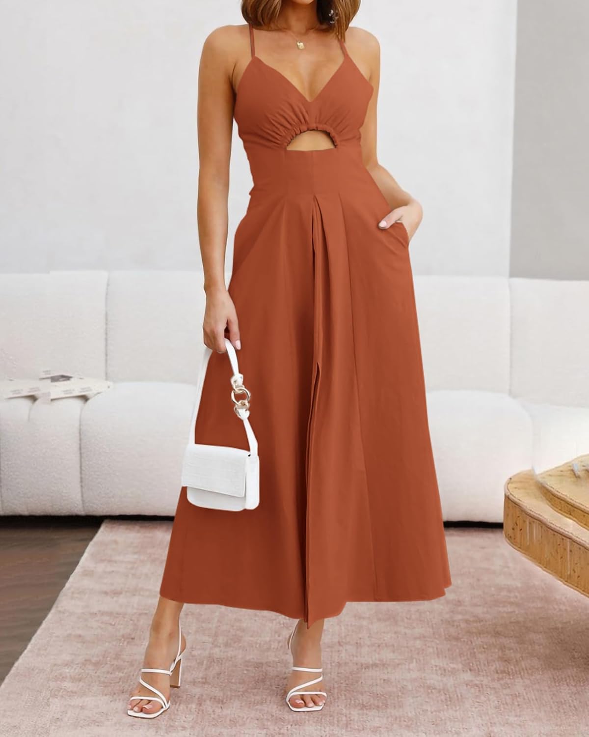 BTFBM Women 2026 Spaghetti Strap Midi Summer Dresses Sleeveless V Neck Cutout Slit Casual Beach Party Maxi Dress Pockets - Image 6