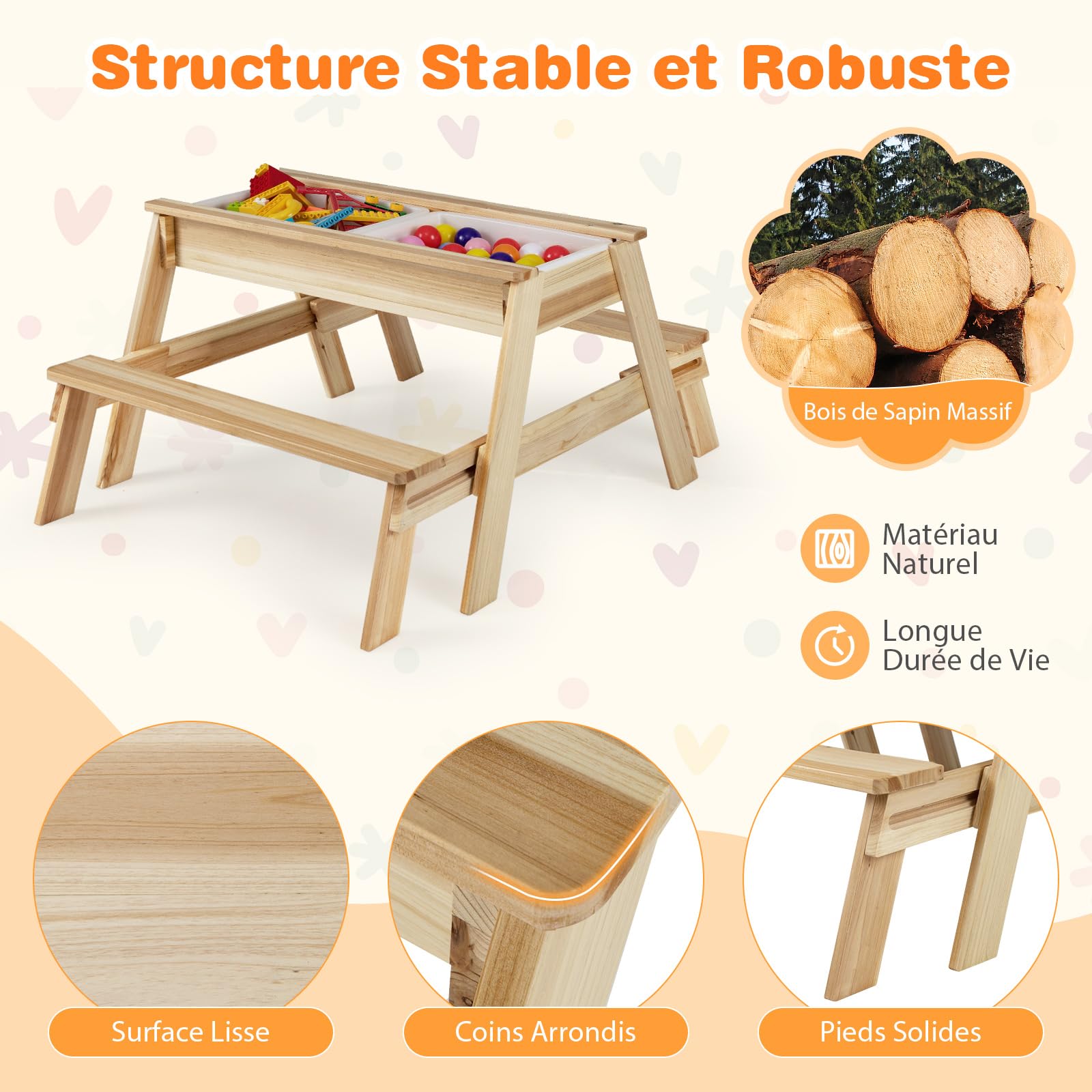 GOPLUS Table Exterieur Enfant en Bois avec Bancs Coulissants, Ensemble Table Jardin Enfant 4 en 1 avec 2 Bacs à Sable et Plateau Amovibles, Salon de Pique Nique pour Intérieur & Extérieur