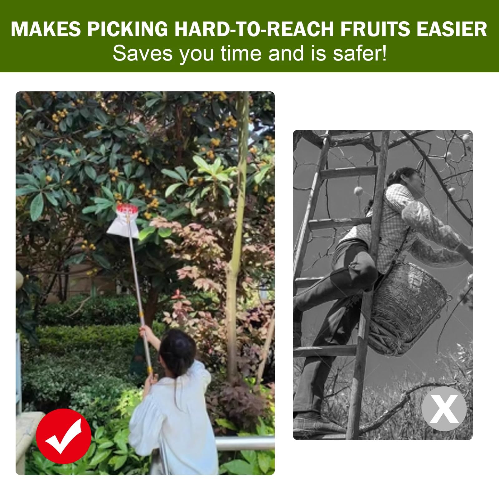 Obstpflücker mit Teleskopstiel, Apfelsammler aus Edelstahl, Beerenpflücker, Feigenpflücker for Avocado, Aprikose, Birne, Orange, Mango, Mehrere Größen Verfügbar(5m)