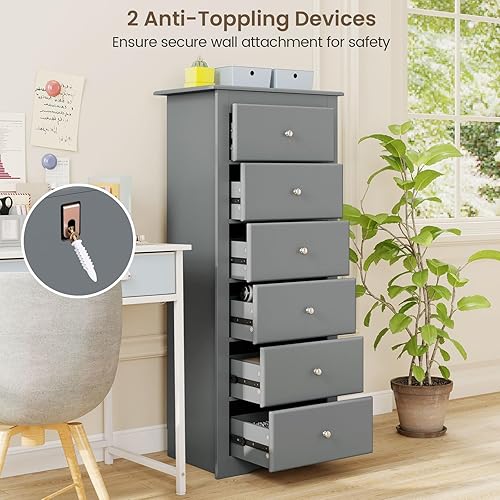 Miniatura 5 de Giantex 6-Drawer Dresser for Bedroom, Wooden Chest of Drawers w/Metal Handles & Large Capacity, 16" D x 23" W x 53.5" H Clothes Organizer, Modern