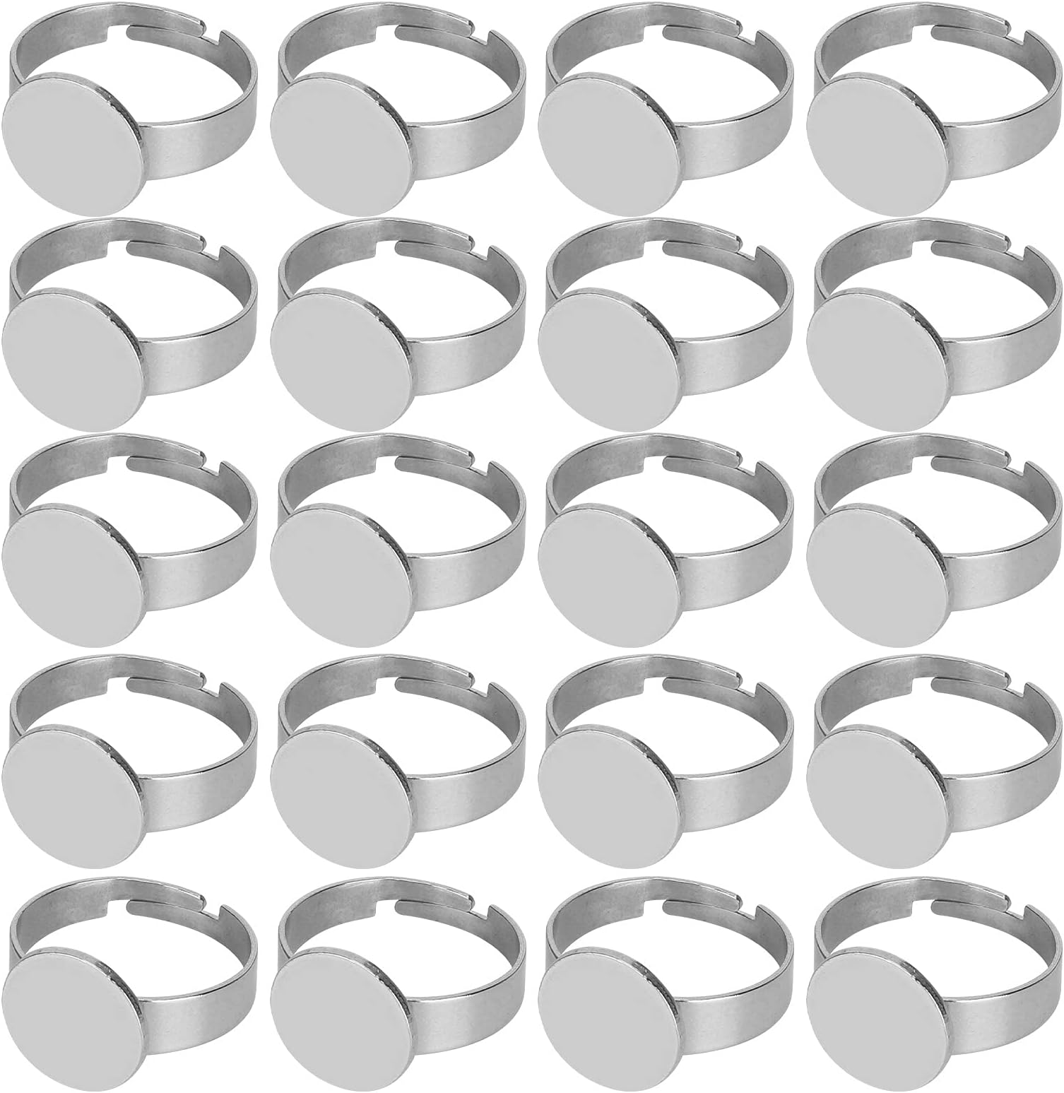 20Pcs Flat Ring Base Adjustable Stainless Steel SemiFinished, Components Flat Round Pad Ring Base for DIY Rings Making (Tray: 12mm)