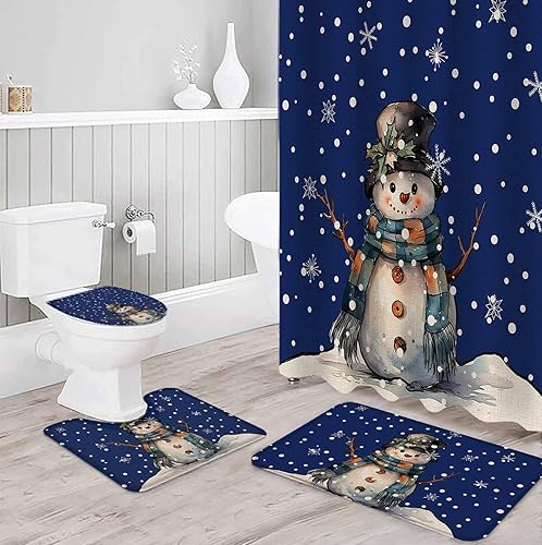 4 Pcs Shower Curtain Set Bathroom Sets, 72"x72" Absorbent Non-Slip Bathroom Rugs Bath Mat and Toilet Lid Cover, Christmas Snowman Snowflake Blue disponible en Yaxa Peru