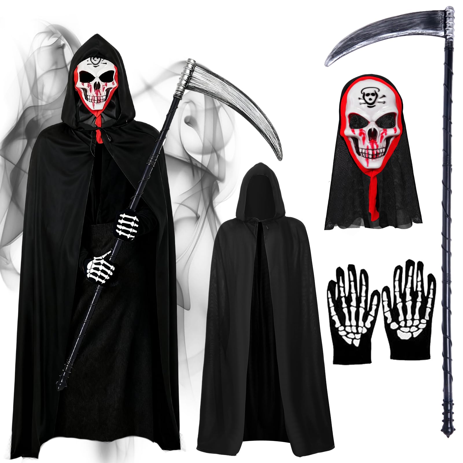 Meriviva Grim Reaper Costume Adult Kids, Scary Halloween Grim Reaper Fancy Dress Costume with Cloak Skeleton Mask Gloves Scythe Halloween Cosplay