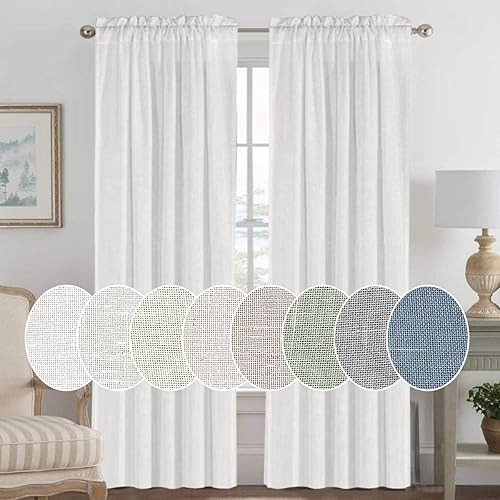 H.VERSAILTEX Linen Curtains Elegant Natural Linen Blended Curtains Energy Efficient Light Filtering/Rod Pocket Window Treatments Panels/Drapes for Livingroom (Set of 2, White, 52 inch W X 84 inch L)