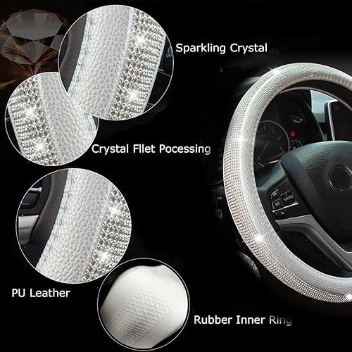 Miniatura 4 de Funda de volante de diamantes de imitación para automóvil, fundas de volante de cuero brillante de 15 pulgadas, se adapta a la mayoría de
