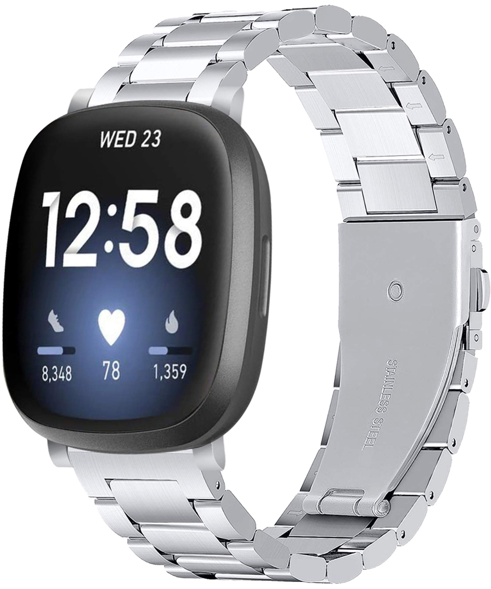 TenCloud Compatible with Fitbit Sense/Versa 3 Metal Bands, Classic Durable Solid Stainless Steel Link Wristbands Watch Band Accessory for Sense Smartwatch