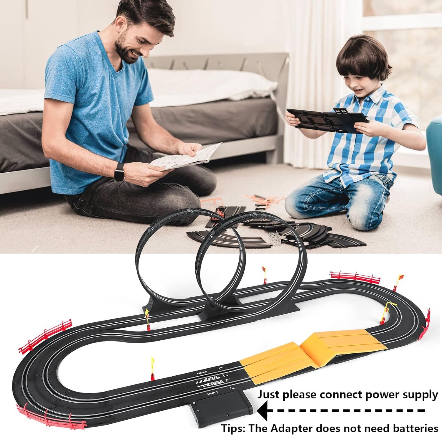 FLUESTON High-Speed Slot Car Electric Racing Track Playset for Boys with 2 Slot Cars and 2 Hand Controllers, 1:43 Scale with Headlights and Dual Racing, Toys (Soba 2 Car Track Set Electric_27 2