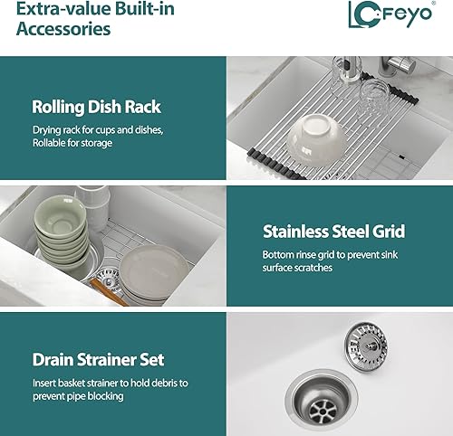 Miniatura 4 de LOF-GC2217 - Fregadero de cocina compuesto de granito de 22 pulgadas, 22 pulgadas, de cuarzo, para debajo de la encimera, lavabo de fregadero de un