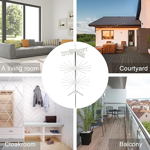 Miniatura 9 de Veemoon Estante de secado de ropa plegable giratorio resistente al viento, soporte para ropa sin varillas para secado al aire de ropa, compacto para