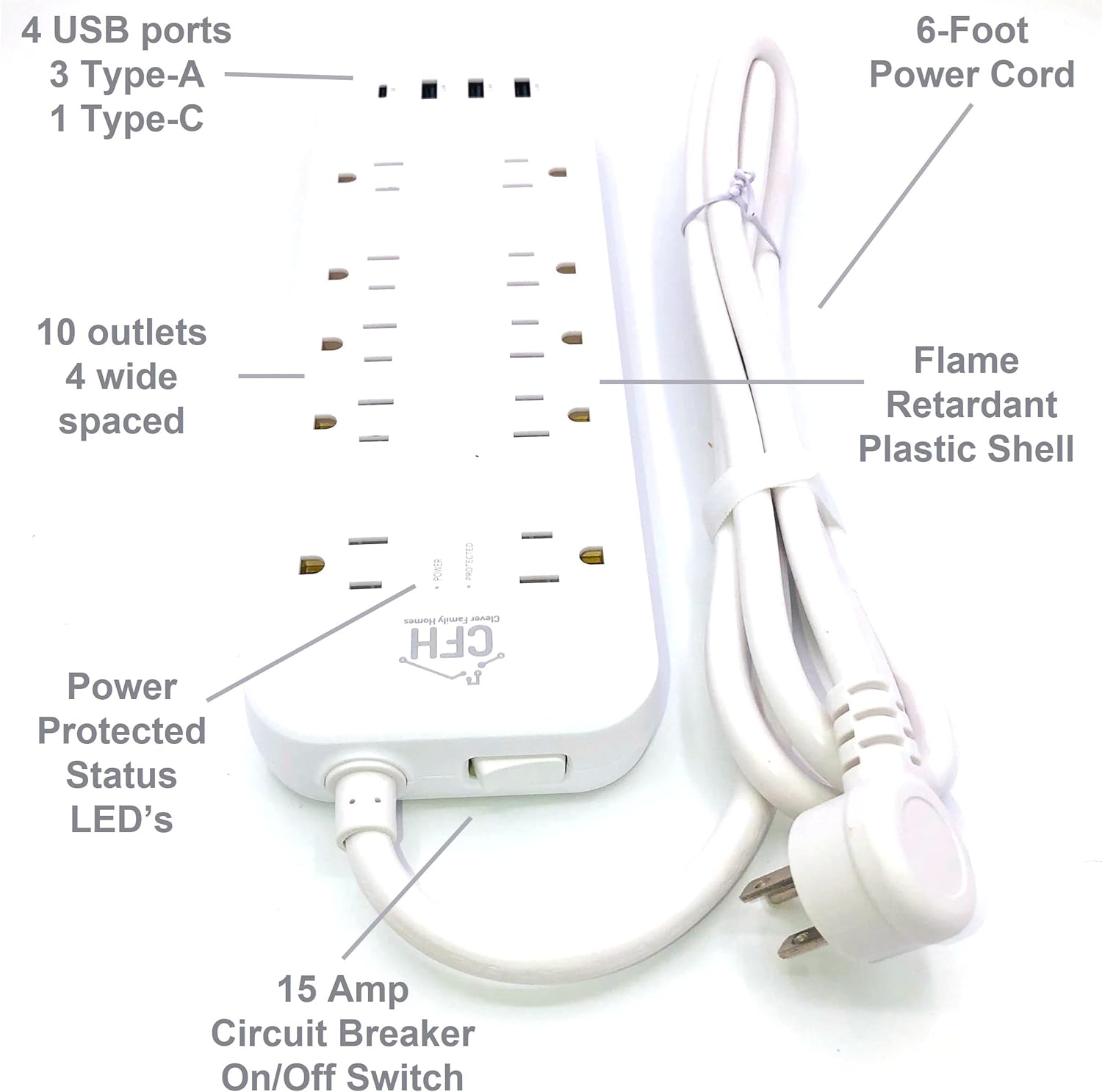 Heavy Duty 3000-Joule 10-Outlet 4-USB Fire Safe Surge Protector with Outlet Saver Power Cord and USB Charge Cables
