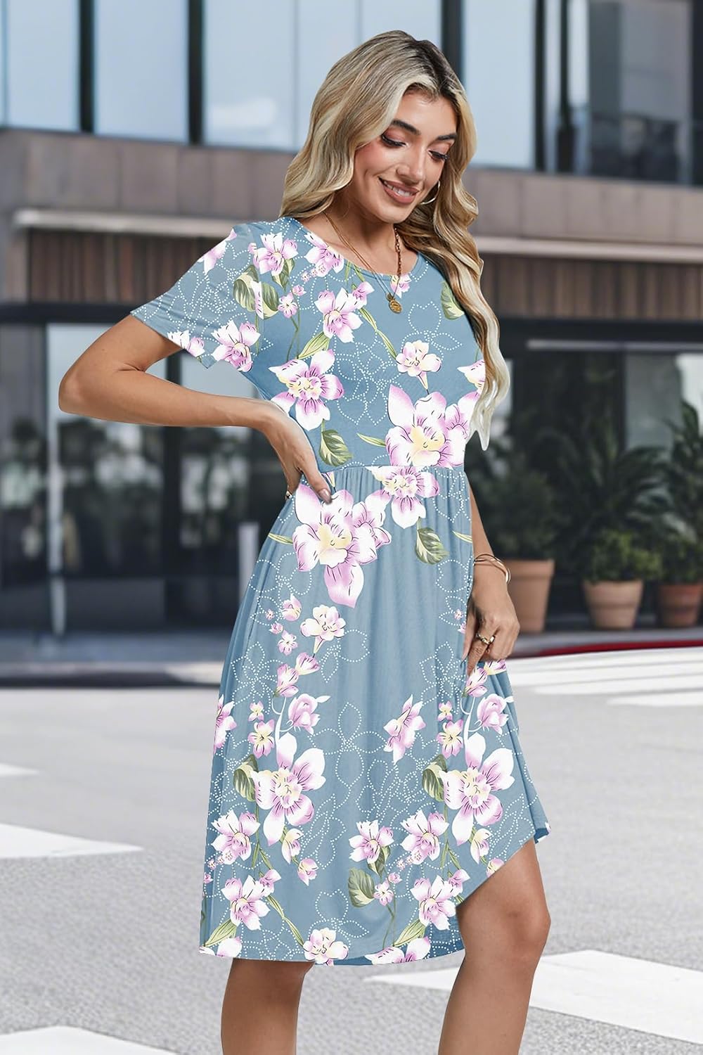 AYIFU Womens Short Sleeve Empire Waist Dresses Casual Summer Dress with Pockets - Image 3