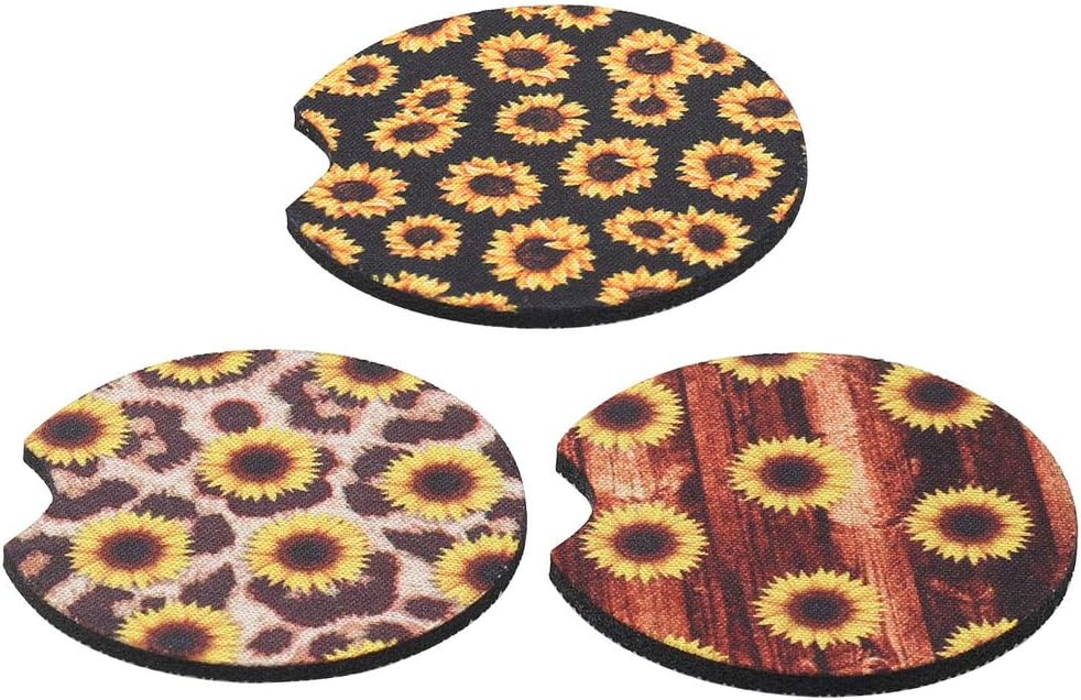 6 Pack Car Coasters, 2.56 Inch 3 Leopard Cup Holder Coasters for SUV Accessories or Any Vehicle (Sunflower)