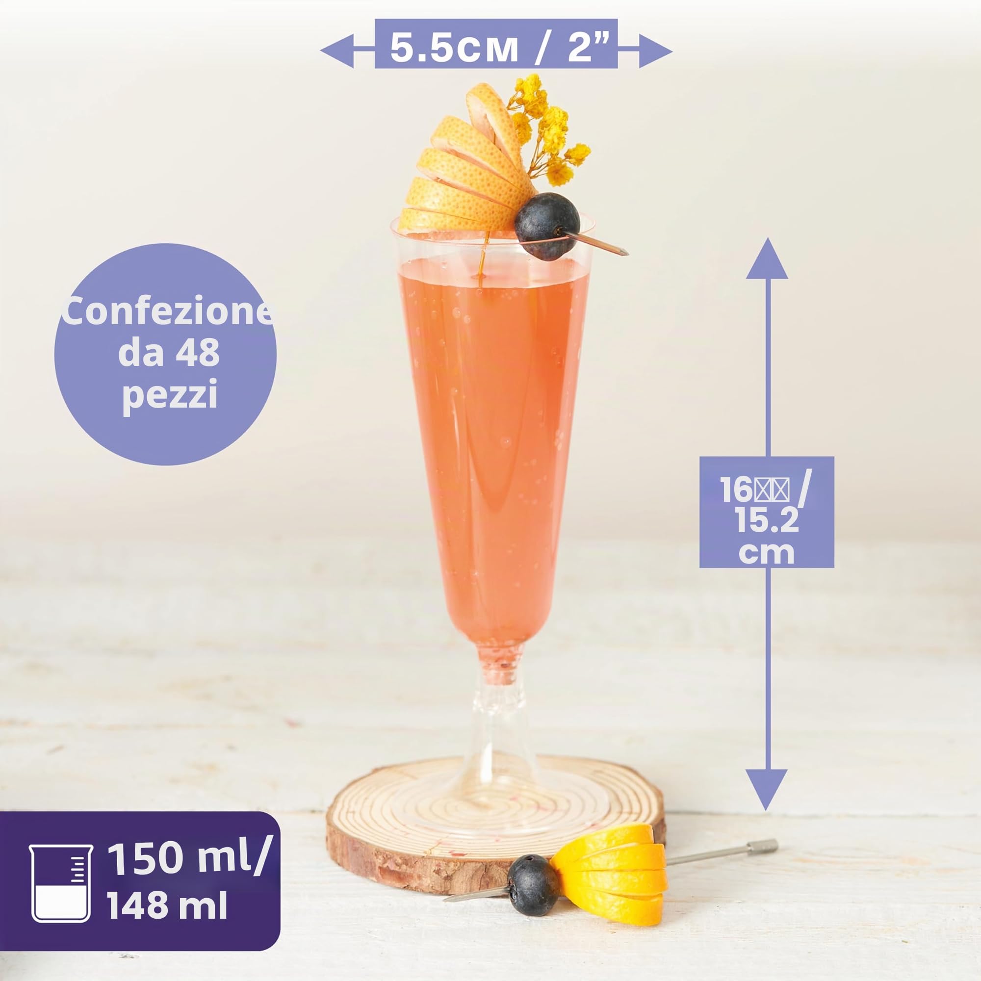 Matana 48 Flute in Plastica, 150ml - Calici Plastica Rigida Lavabili e Riutilizzabili - Bicchieri Spumante/Prosecco, Bicchieri Champagne, Calici Vino per Feste, Matrimoni e Natale