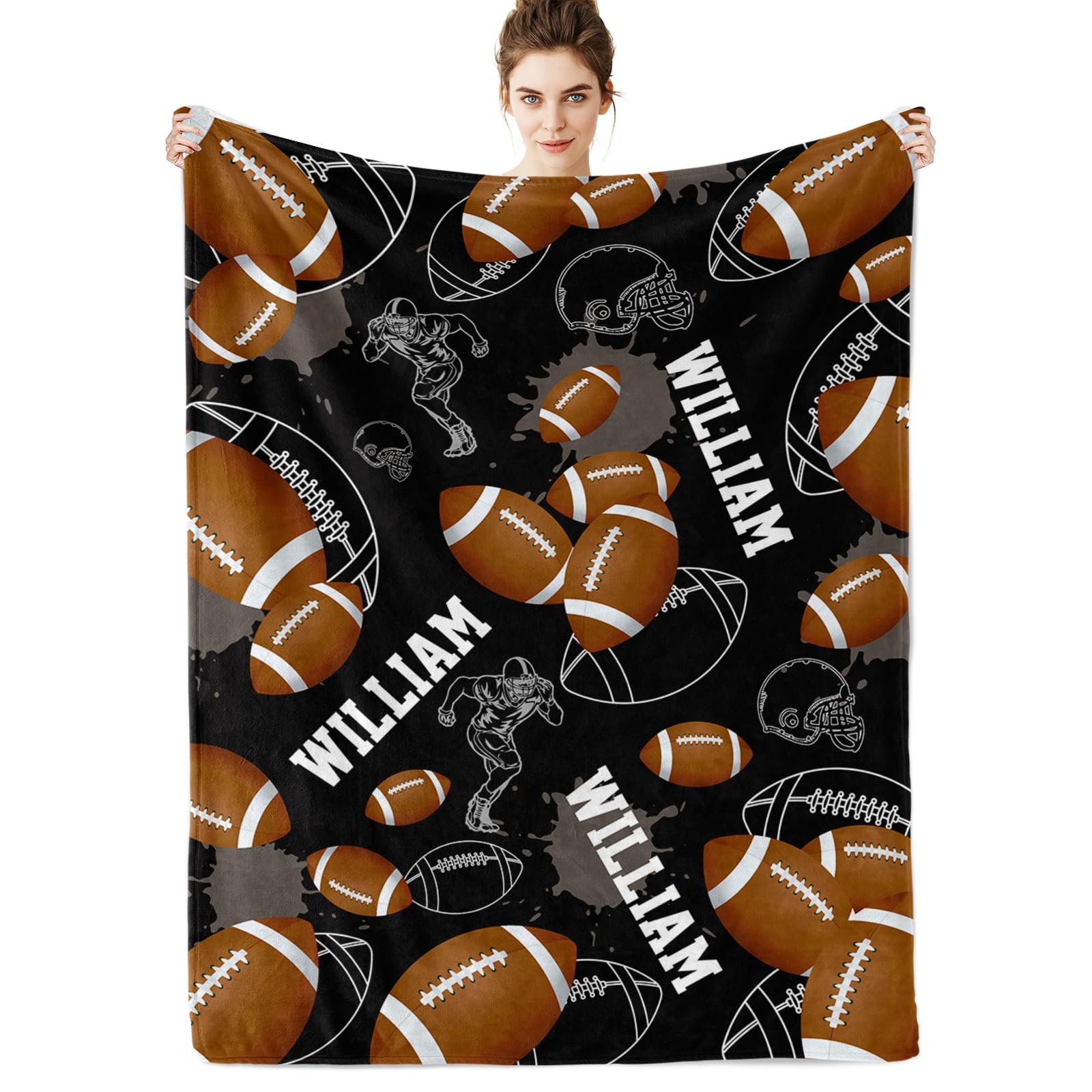 Custom Name Football Blanket, Personalized Soft Plush Flannel/Sherpa Fleece Throw Blankets, Ball Sports Blanket for Baby Kid Teen Adult Boys Girls Gift Color03