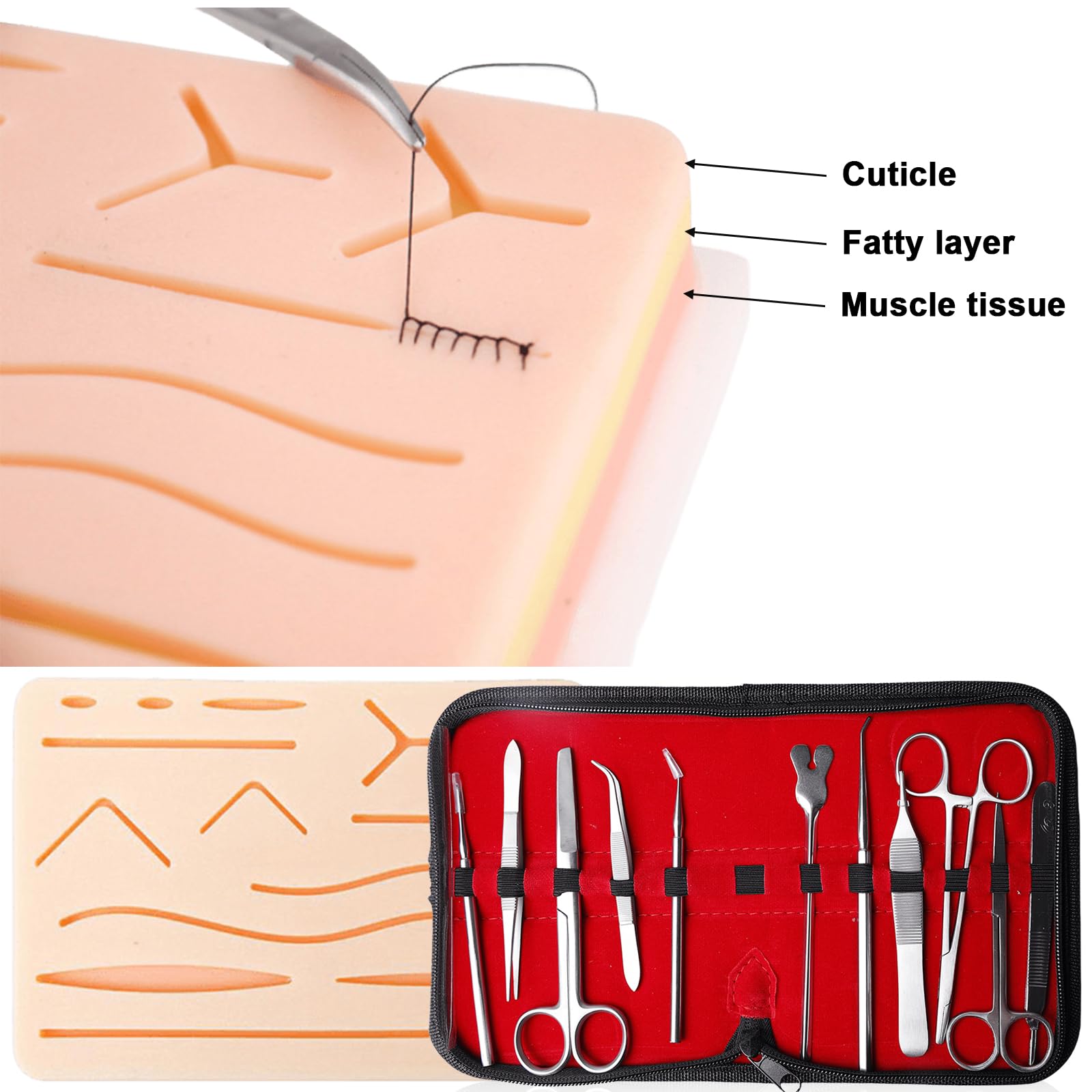 Chirurgisches Nahtset, Nahttrainingsset, Wundnaht Übungsset, Silikon-Nähkissen mit Werkzeugsatz, Nahtschulung,Suture pad,Suture Practice Kit,Silikon-Nahtsimulator,Ideales Geschenk für Medizinstudenten