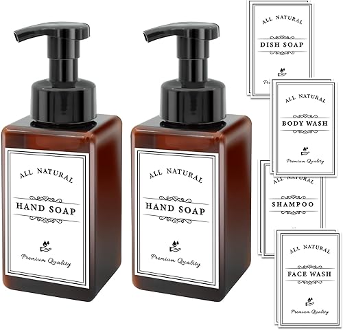 Foaming Soap Dispenser, 2 Pack Plastic Refillable Foam Soap Dispenser with 10 Pcs Waterproof Labels, 450ml (15oz) Foaming Hand Soap Dispenser Bottle