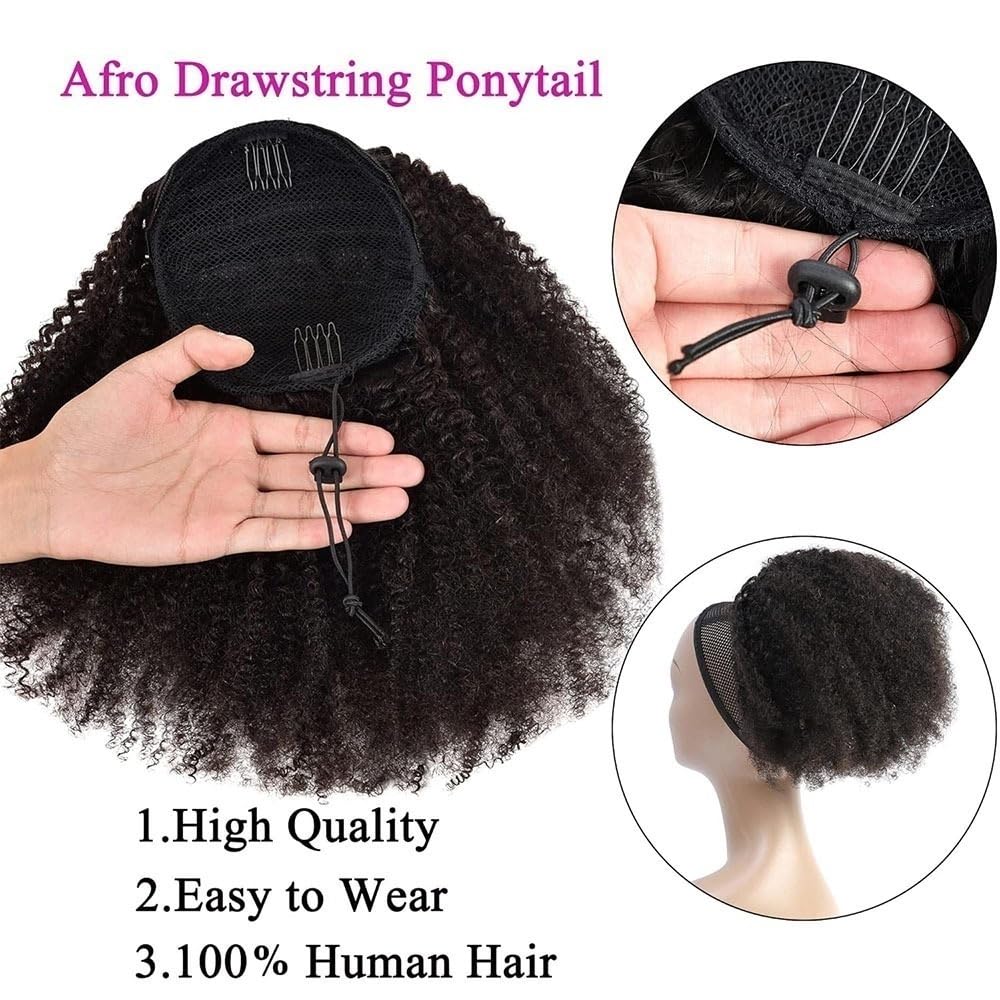 10-24 Zoll Verworrenes Lockiges Haarteil, Echthaar Kordelzug Pferdeschwanz Verlängerung, Afro gelocktes Brasilianisches Remy-Haar Clip-in Verlängerung Für den täglichen Gebrauch(12inches(105g))
