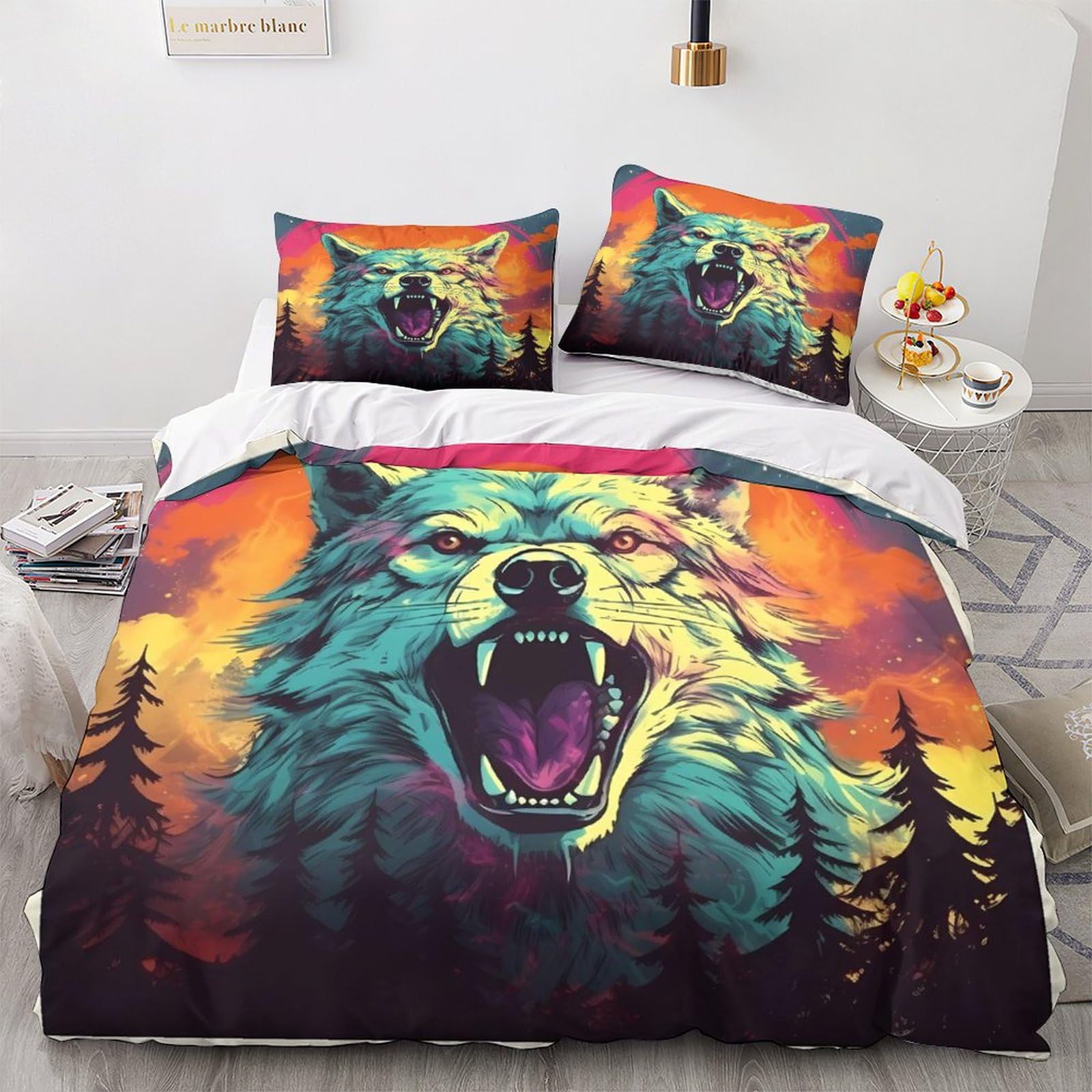 Housse de couette loup avec fermeture à glissière invisible et parure de lit 3 pièces