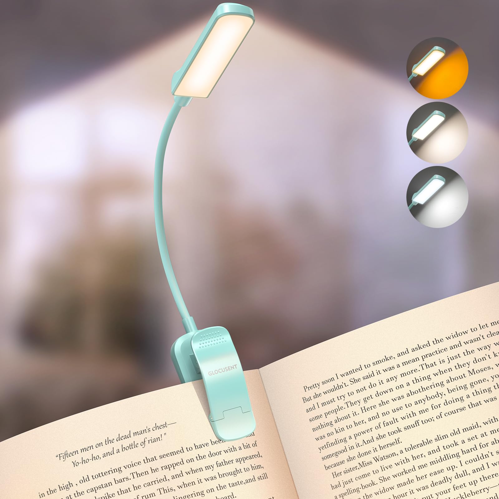 Glocusent Sky Blue 120H Book Light Rechargeable, 13 Leds Clip On Reading Light, Eye Caring Reading Lamp With 3 Colors & 5 Stepless Dimming 3–60Lm, Flexible Book Lamp For Book Lovers Kids
