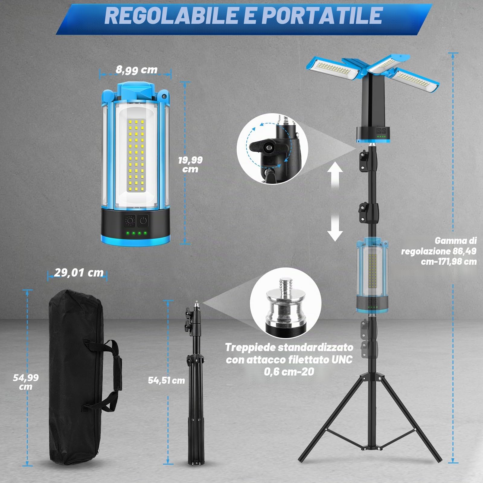 Proiettore Ricaricabile a LED con Treppiede Telescopico 10400mAh Proiettore da Cantiere 4 Modalità, 6000K Faro da Lavoro Cordless con Borsa da Trasporto per Garage, Campeggio, Esterni, Interni