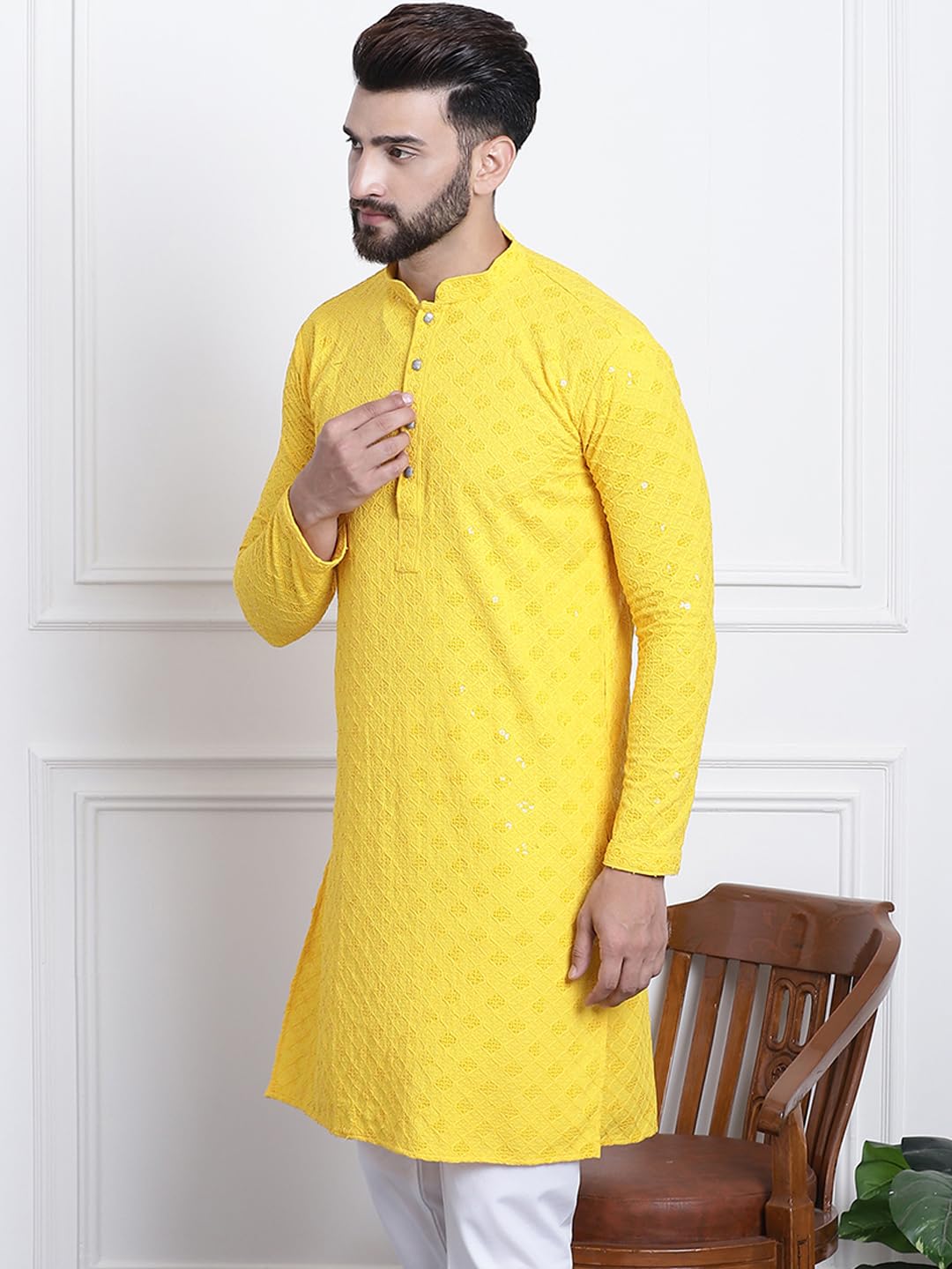 Sojanya (Since 1958 Men's Pure Cotton Yellow Sequence Only Long Kurta