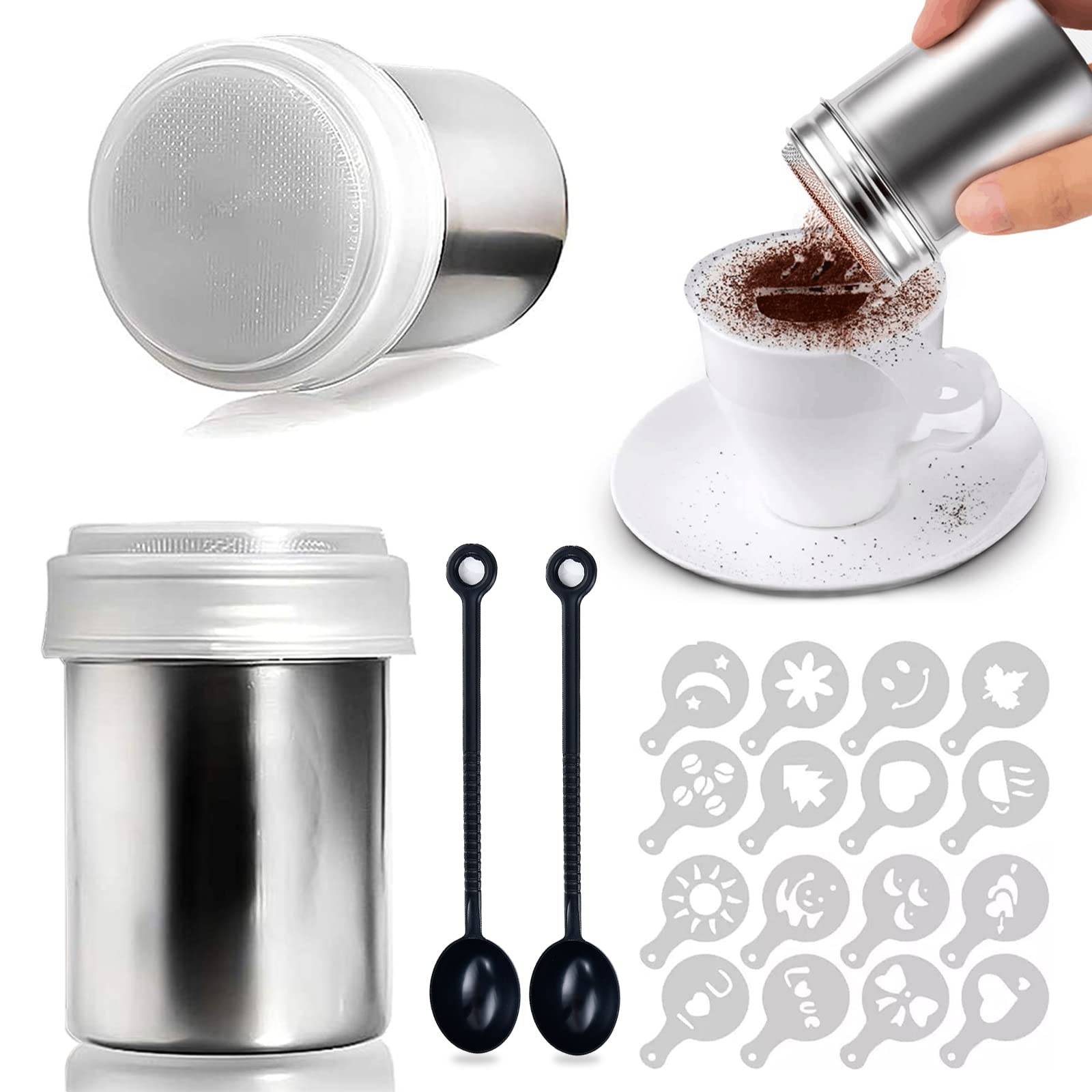 Saupoudreuse, 2 Pièces Shaker à Chocolat, Saupoudreuse Cacao 16 Pièces Pochoirs à Café pour Chocolat Chaud Décoration De Pain (Avec Cuillère à mesurer)