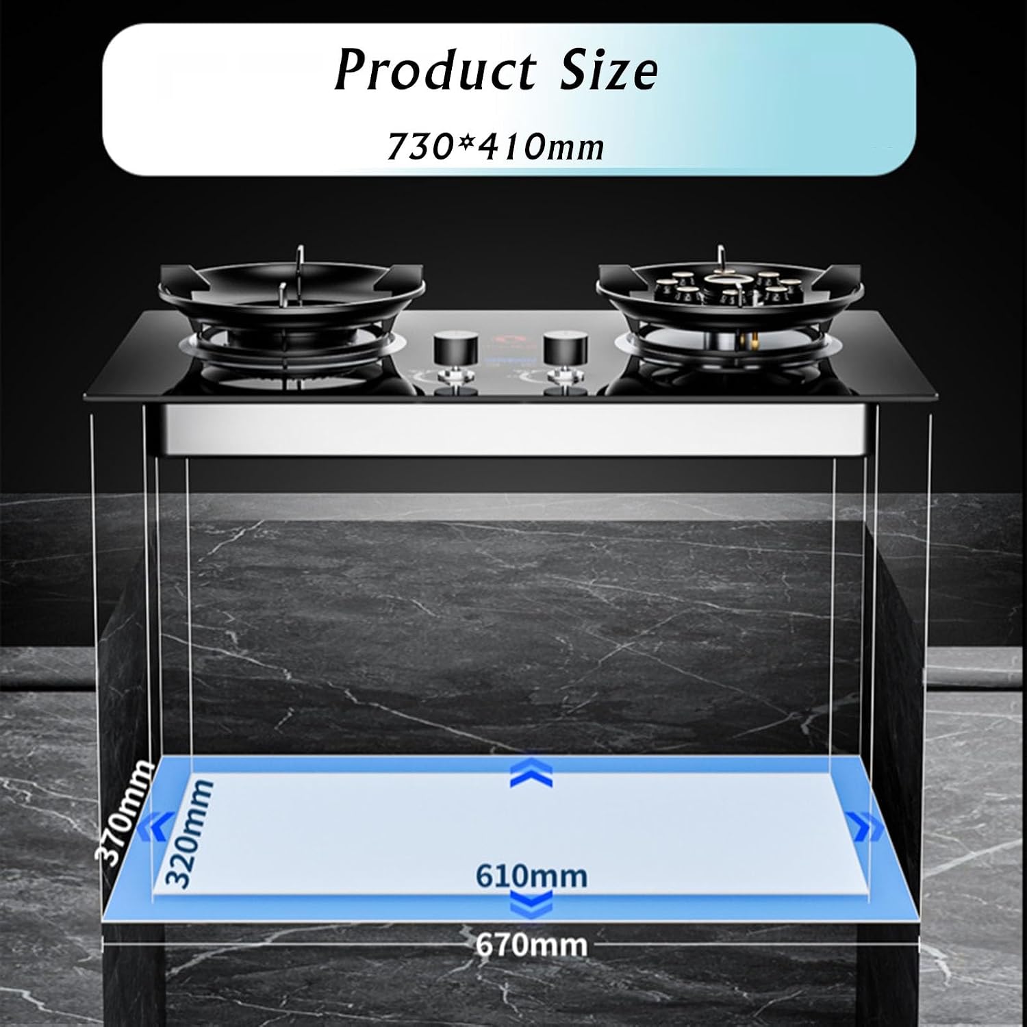 Gas Stove 2 Burners, 5.2/7.2KW 9 Cavity High Fire Timer, Black Tempered Glass Cast Iron Pot Holder with Flameout Protection(LPG)