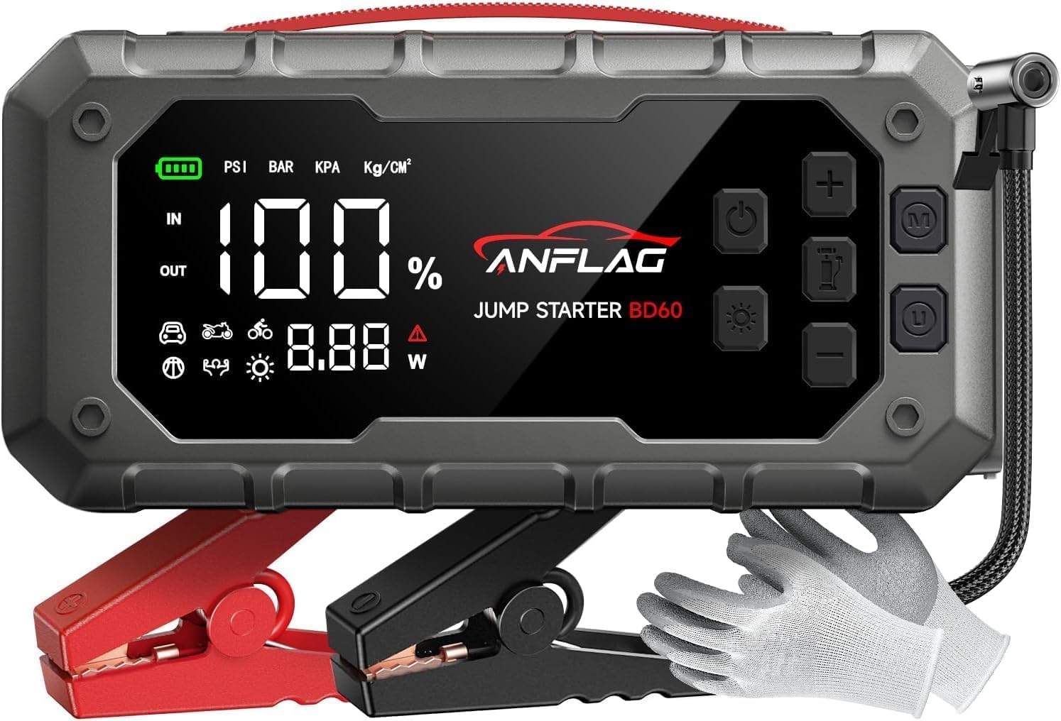 Booster Avviamento Auto 8000A, ANFLAG Avviatore Batteria Auto con Compressore 160PSI, 26800mAh Starter Batteria per Tutti Gas o 14L Diesel con PD65W Ricarica Rapida/Doppia USB/600 Lumen LED