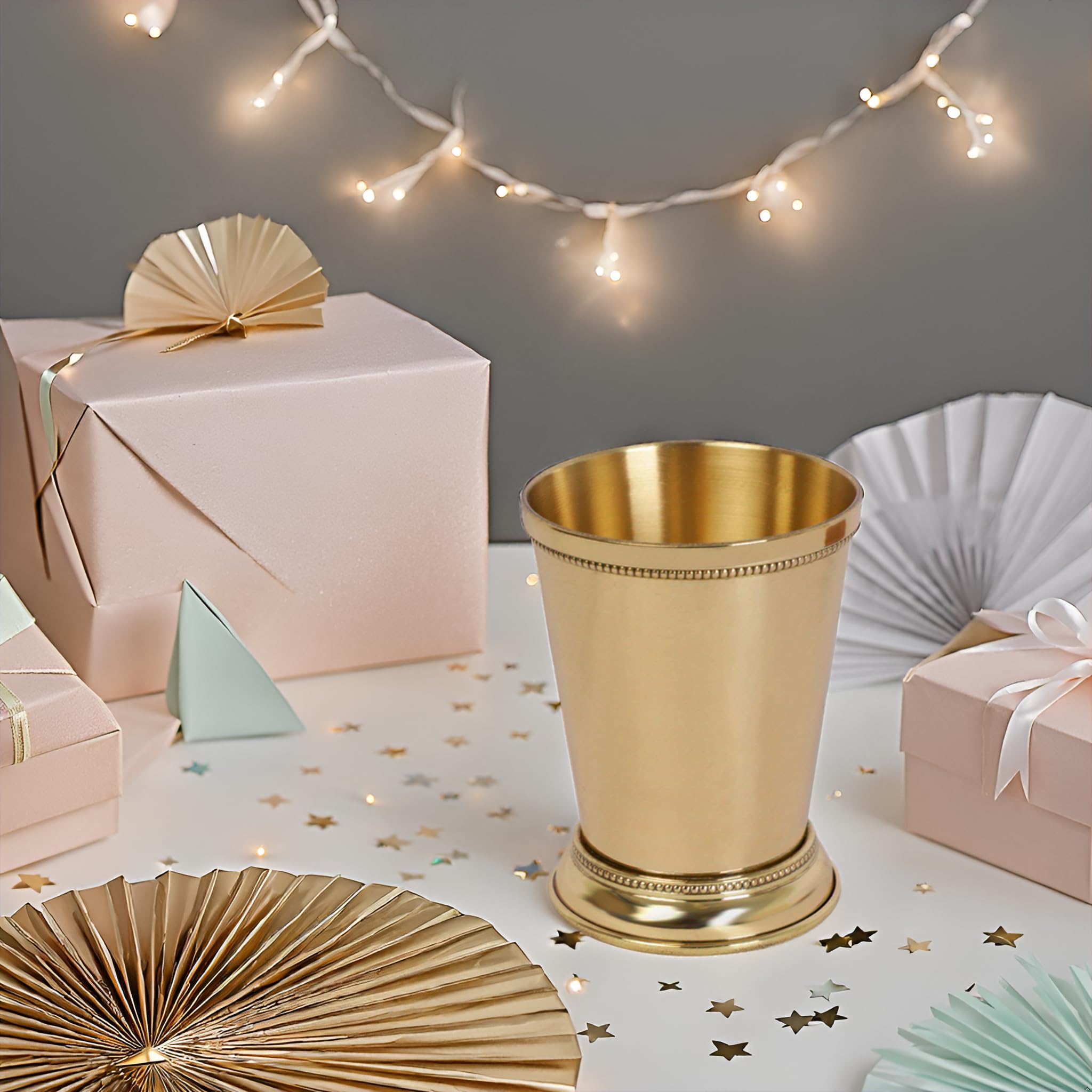 HANDTECHINDIA Brass Cocktail DRINKWARE Mint Julep Cups 12-Ounce Gold Finish Cocktail Tumbler for Moscow Mule OR Kentucky Derby (Plain, 1)