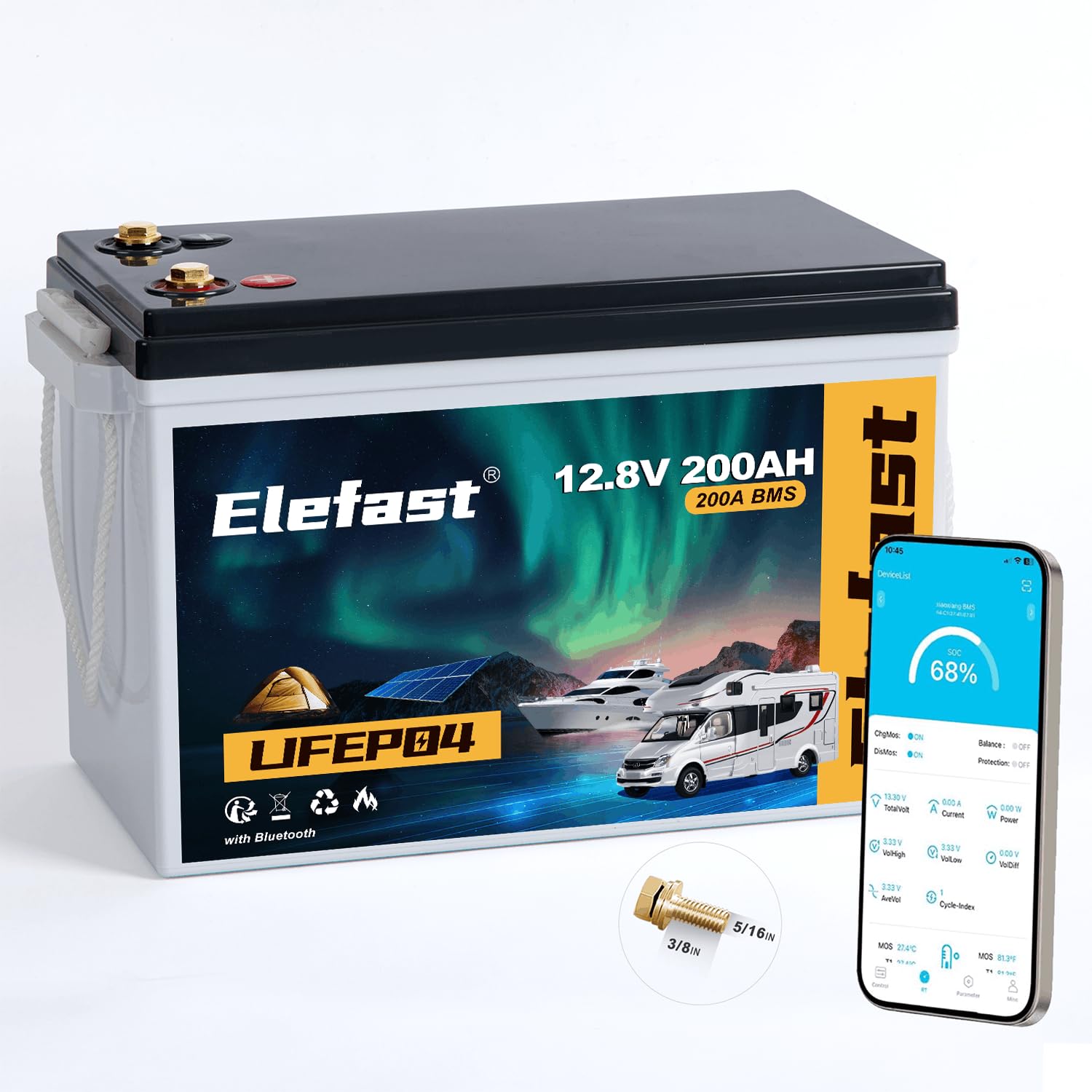 ELEFAST 12V 200AH Lifepo4 Battery with 200A Smart BMS & Bluetooth