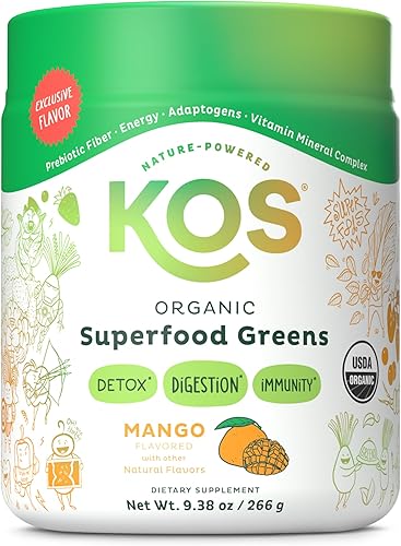 KOS Polvo orgánico de superalimentos verdes Salud intestinal de fibra prebiótica, superverdes y adaptógenos Certificado orgánico USDA, fabricado